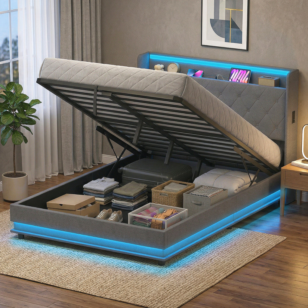 Bettgestell 140 x 200 cm mit Kopf- und Fußteil, Plattformbett mit hydraulischem Stauraum, LED-Lichtern