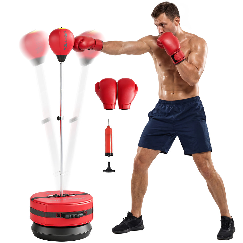 Boxsack mit Standfuß, 125-145 cm höhenverstellbares Box-Set, freistehender Speedball mit Handschuhen und Luftpumpe