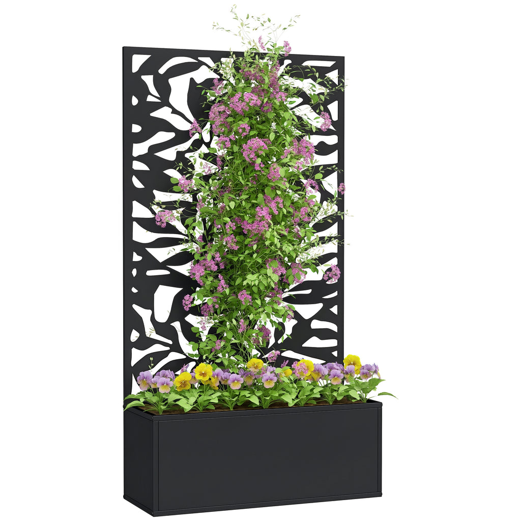 Metal Garden Bed with Trellis, Wall Mounted or Freestanding Raised Planter with Privacy Panel, Black