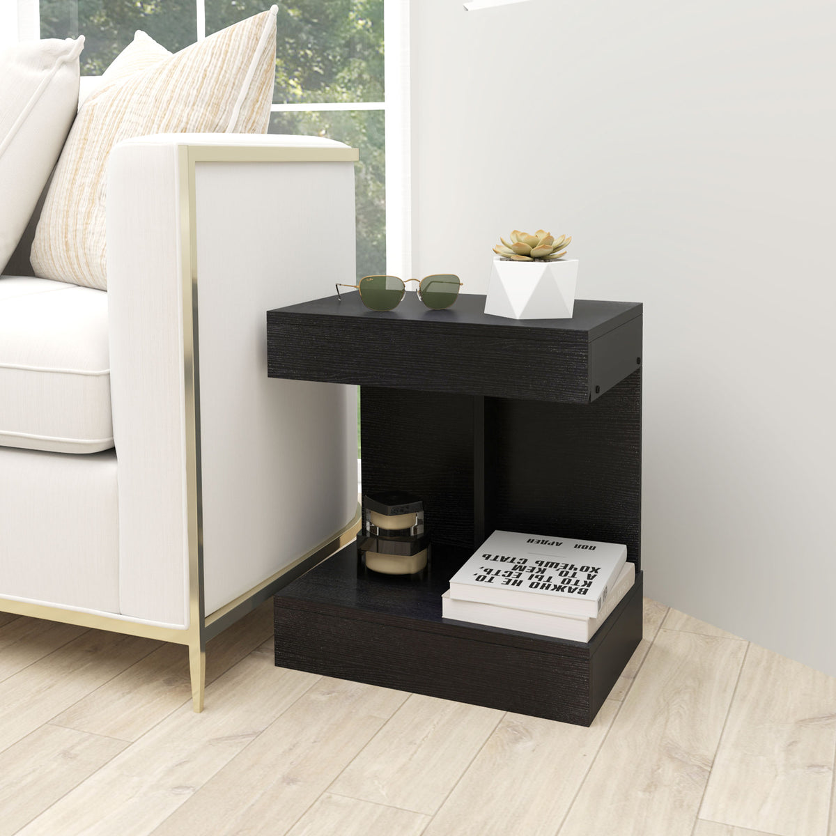 Nachttisch, Beistelltisch mit Schublade und Ablagefach, Moderner Sofatisch mit Regal f¨¹r verschiedene R?ume, Schwarz