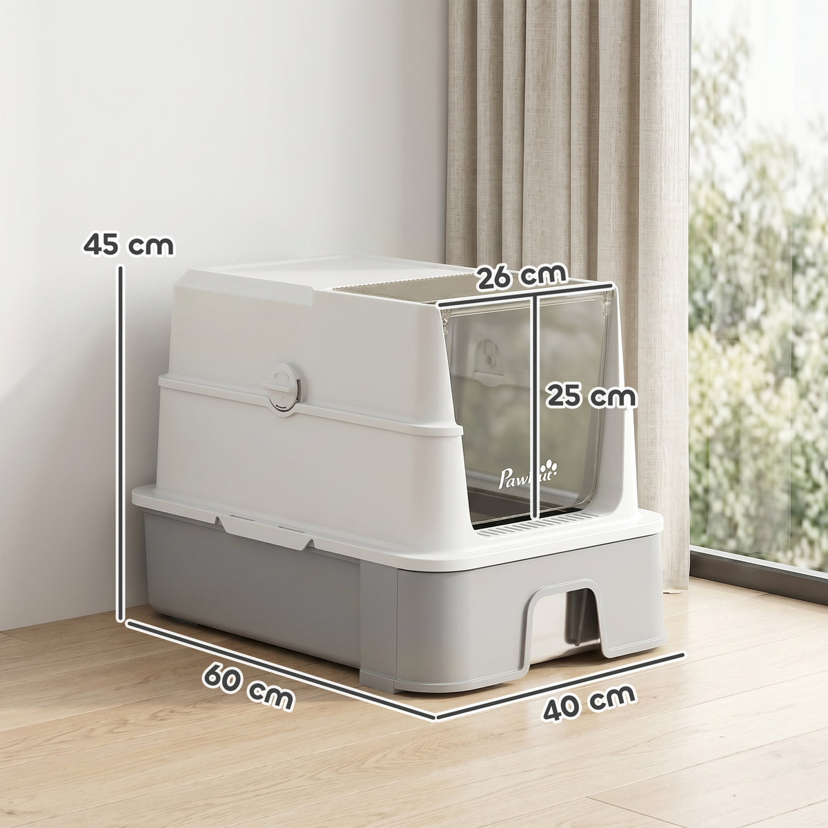 Katzentoilette aus Edelstahl mit Deckel, XL Katzenstreubox mit Schaufel, herausziehbare Wanne, hohe Seiten, leicht zu reinigen, grau