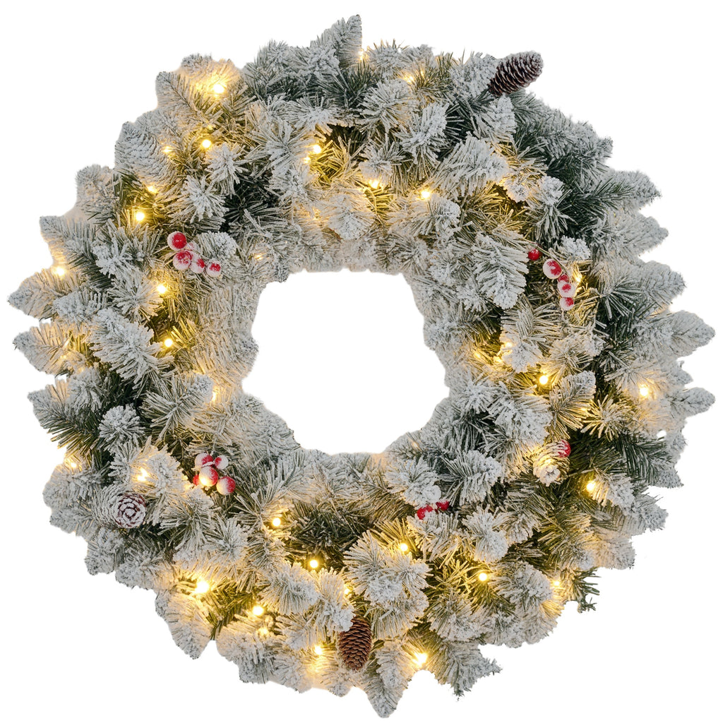 Weihnachtskranz mit LED-Beleuchtung, roten Beeren, realistisches Aussehen, Ø60 x 10 cm, Grün