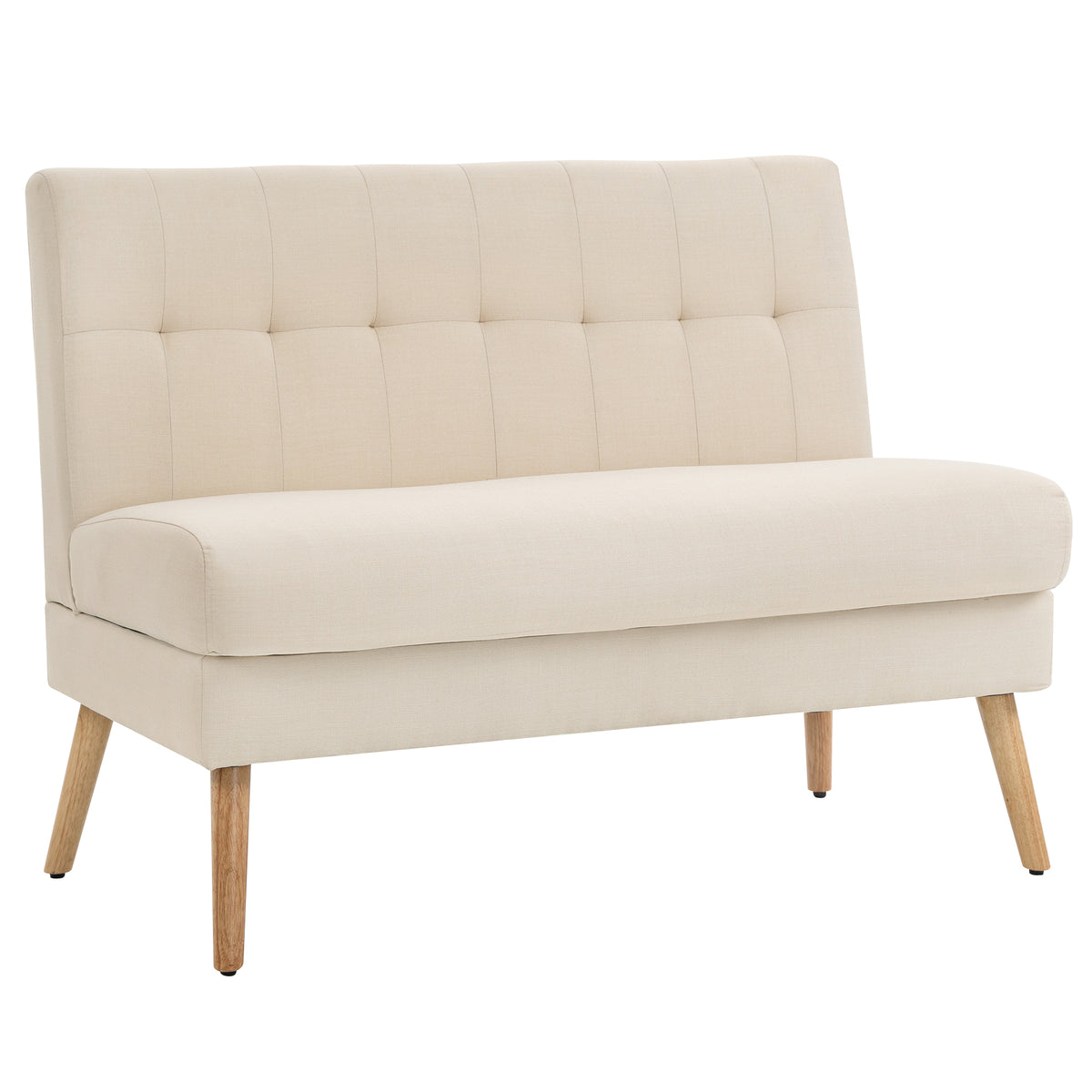 2-Sitzer-Sofa, getuftete Rückenlehne, Holzbeine, dicke Polsterung, Leinenoptik, für kleine Räume, Beige