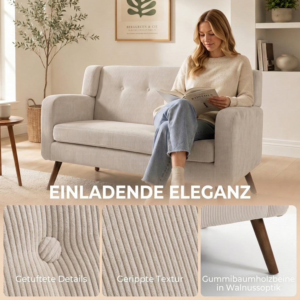 Sofa 2 Sitzer 118 cm Kleine Couch mit Cord-Optik Beige