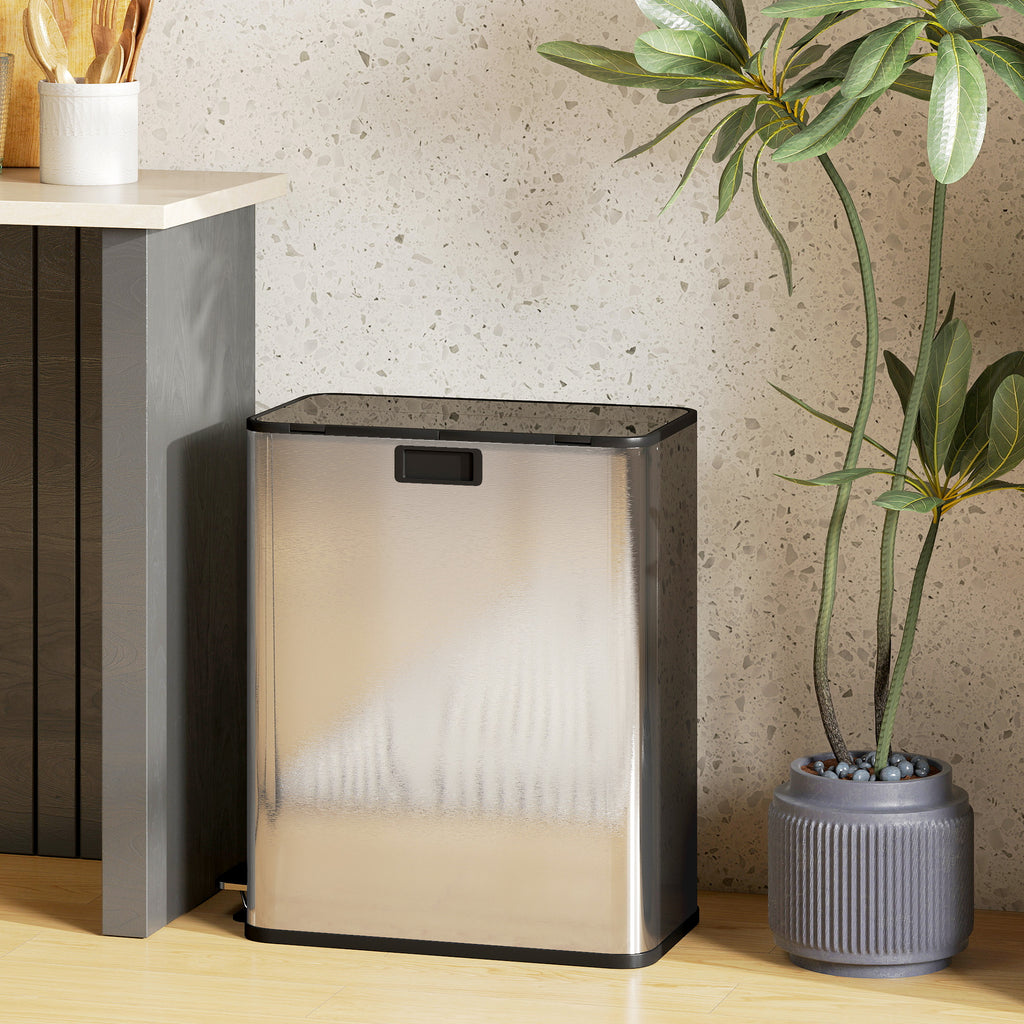 Dual Kitchen Bin with Soft-Close Butterfly Lid, 2 x 28L Stainless Steel Pedal Bin with Removable Inner Buckets, Fingerprint-Proof for Recycling and Waste, Silver Tone