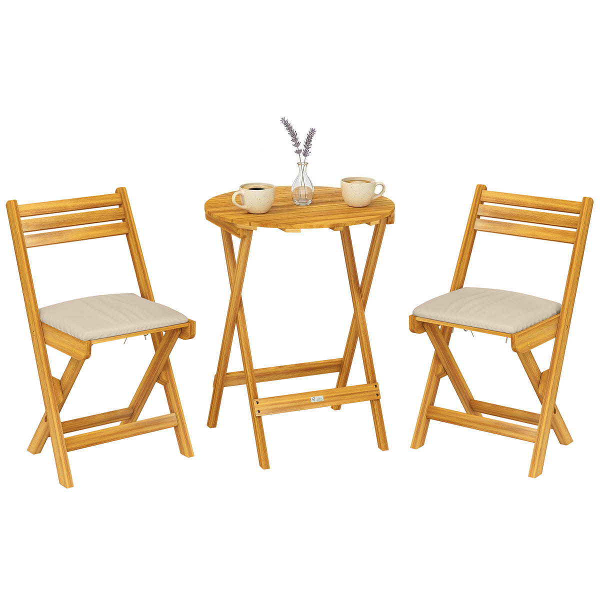 Balkonmöbel Set 3 teilig FSC Holz klappbar Gartenmöbel Set mit runder Tisch 2 Stühle Sitzkissen Atmungsaktiv Lamellsitz