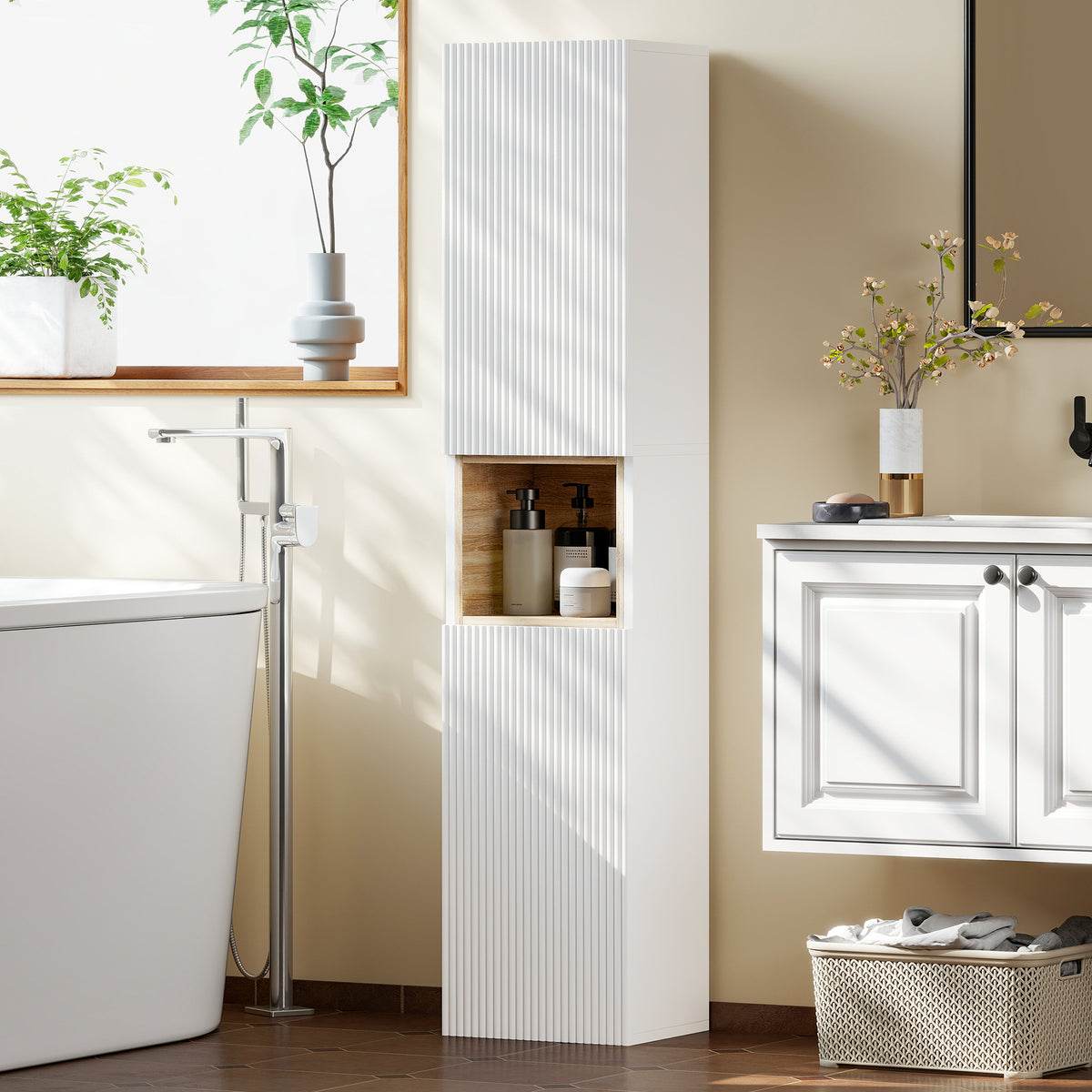 Badezimmerschrank, freistehend mit 2 Türen und offenem Regal, Weiß