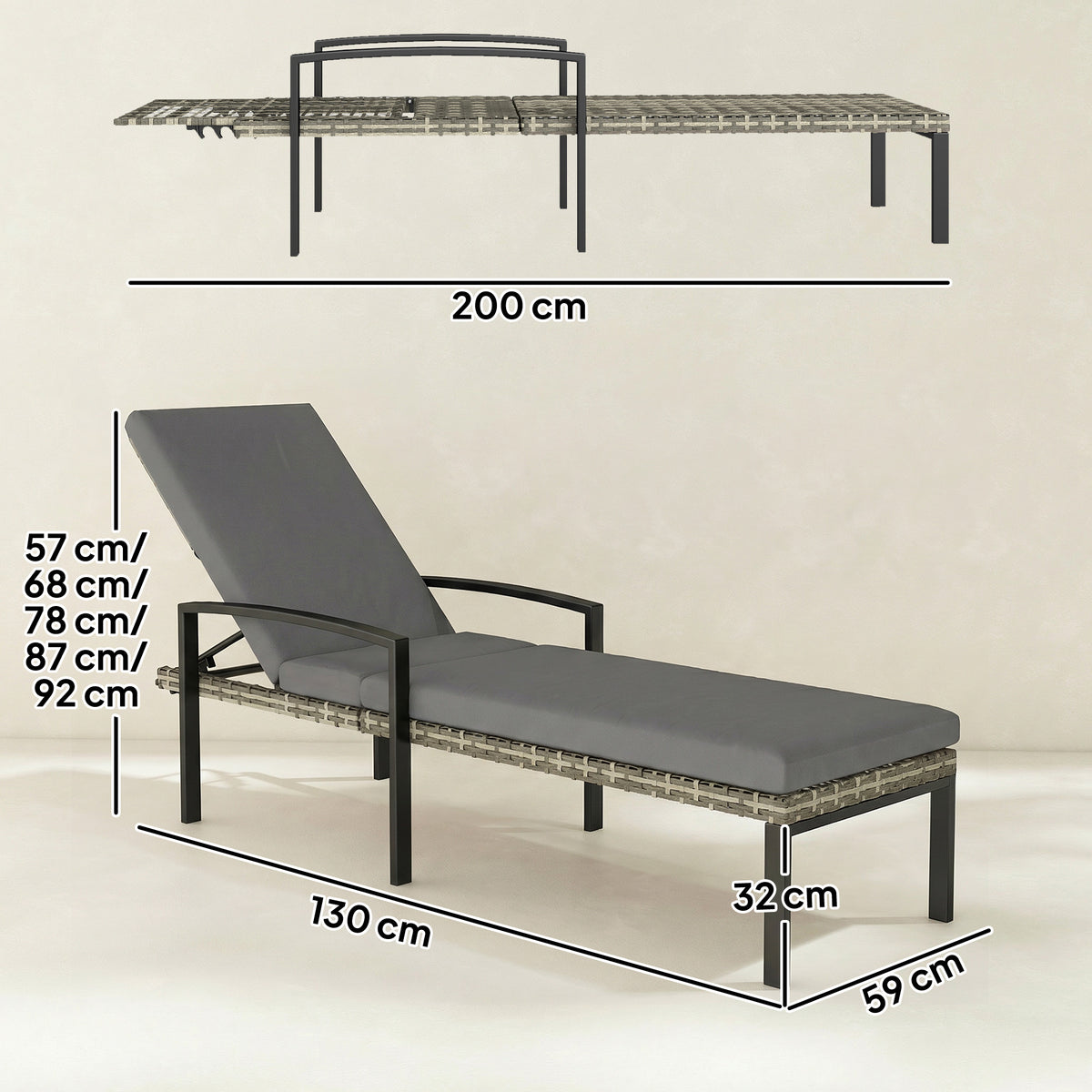 2er Set Sonnenliege Polyrattan Gartenliege mit 5-Fach verstellbar Rückenlehne Auflage bis 120kg Hellgrau