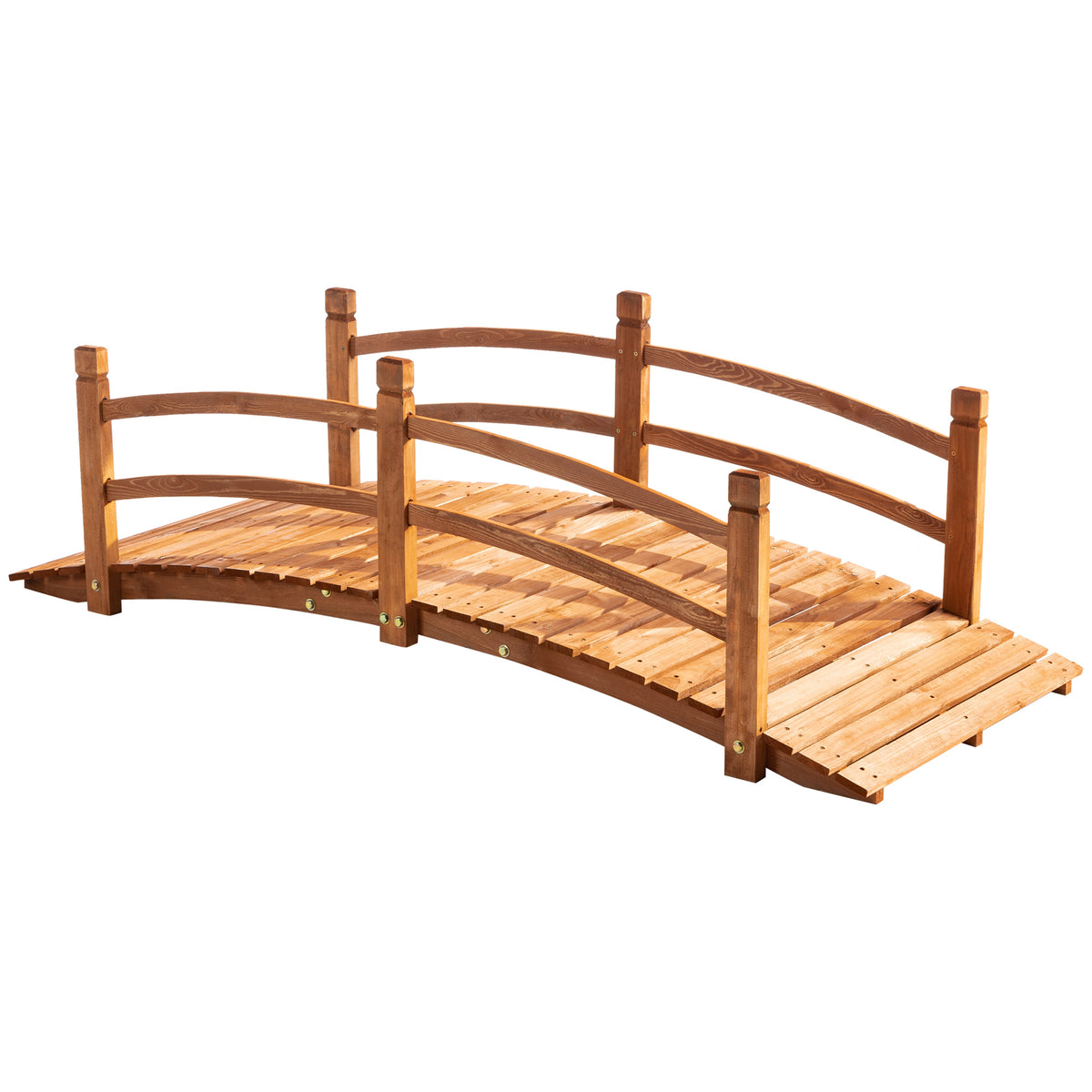 6FT Wooden Garden Bridge with Safety Railings, Classic Arc Footbridge for Stream Pond Walkway, Orange