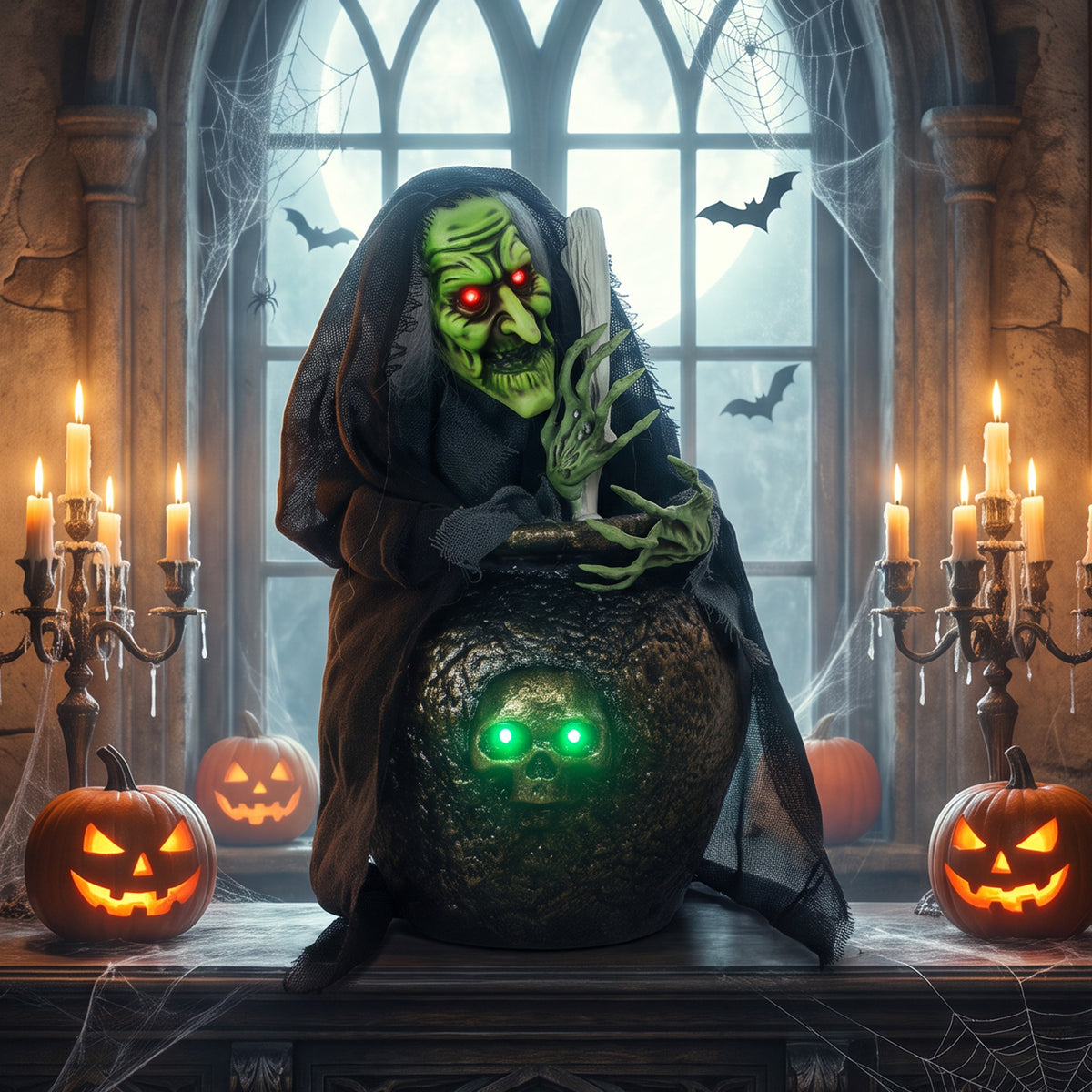 Animierte Halloween-Tischhexe mit Lachsound, leuchtenden Augen und Sound-/Touch-Aktivierung