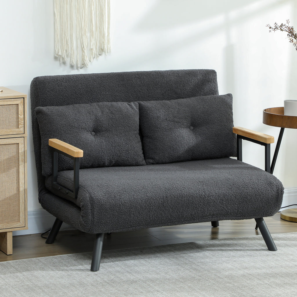 Schlafsofa 2er-Sofa mit Schlaffunktion, inkl. 2 Kissen, Sherpa-Optik, Natur + Dunkelgrau + Schwarz