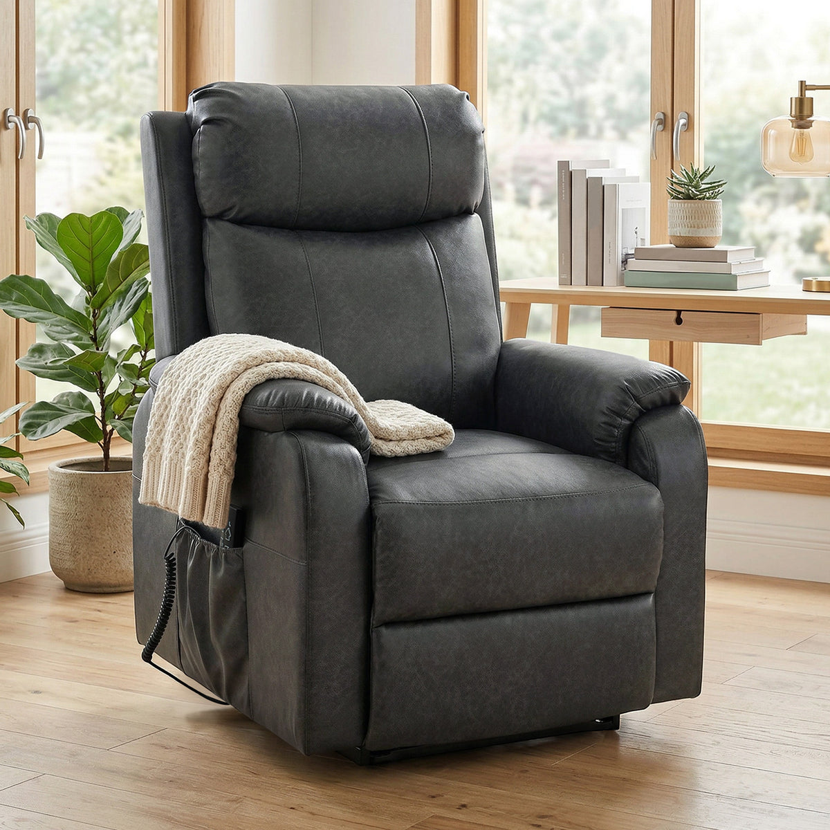 Riser- und Relaxsessel für Senioren, Elektrischer Lift-Sessel aus Kunstleder mit Doppelmotor, Federkissen, Schwarz