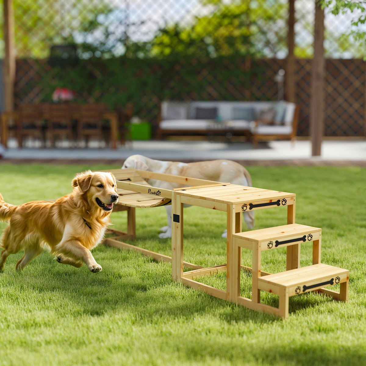 3 Pieces Wooden Dog Agility Training Equipment with Soft Bridge, Pause Platform and Pet Stair for Outdoor, Natural Wood