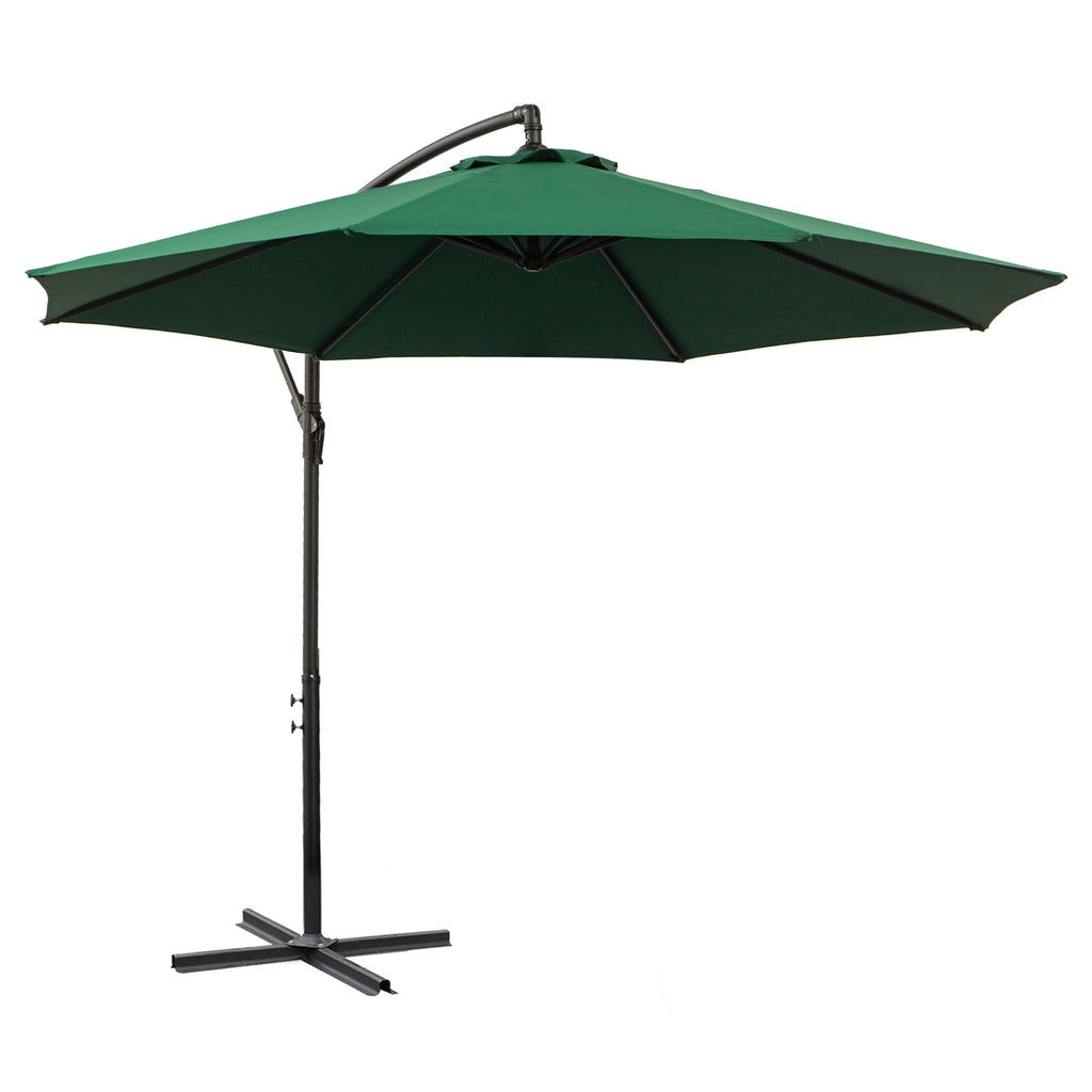 3(m) Garden Banana Parasol Hanging Cantilever Umbrella with Crank Handle, 8 Ribs and Cross Base for Outdoor, Sun Shade, Dark Green