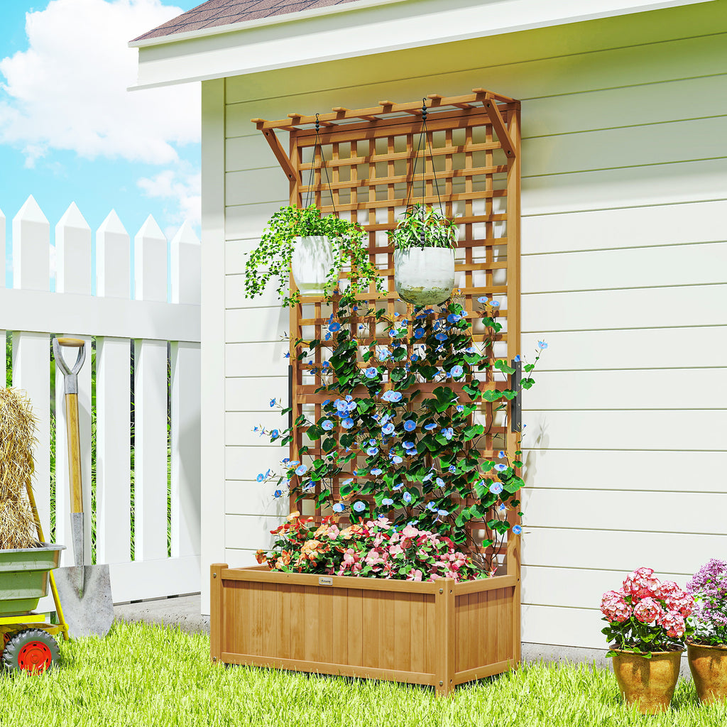 Raised Bed with Drainage Holes, Wood Planter with Trellis for Climbing Plants to Grow Vegetables, Flowers, Yellow