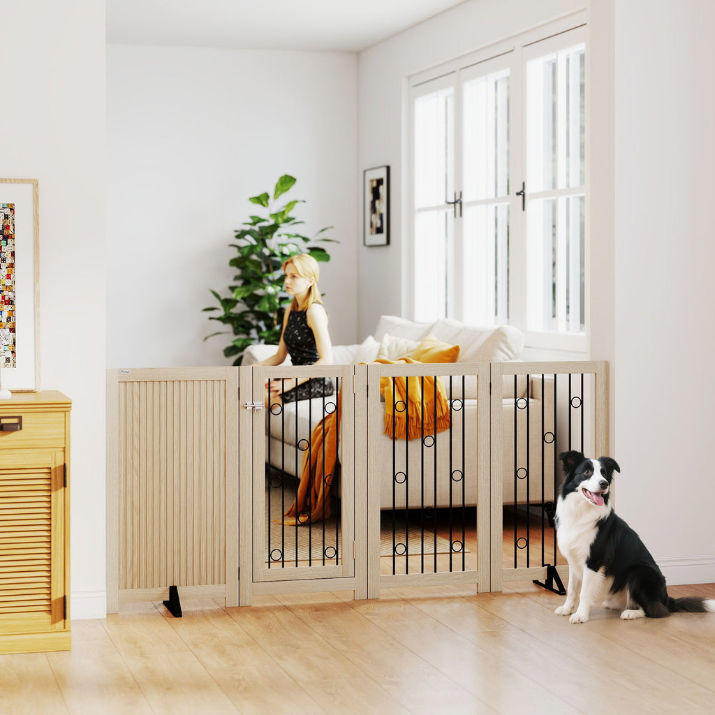4 Panel Freestanding Pet Gate, Indoor Dog Barrier with Lockable Door, Support Feet, 360° Flexible Hinges, Oak