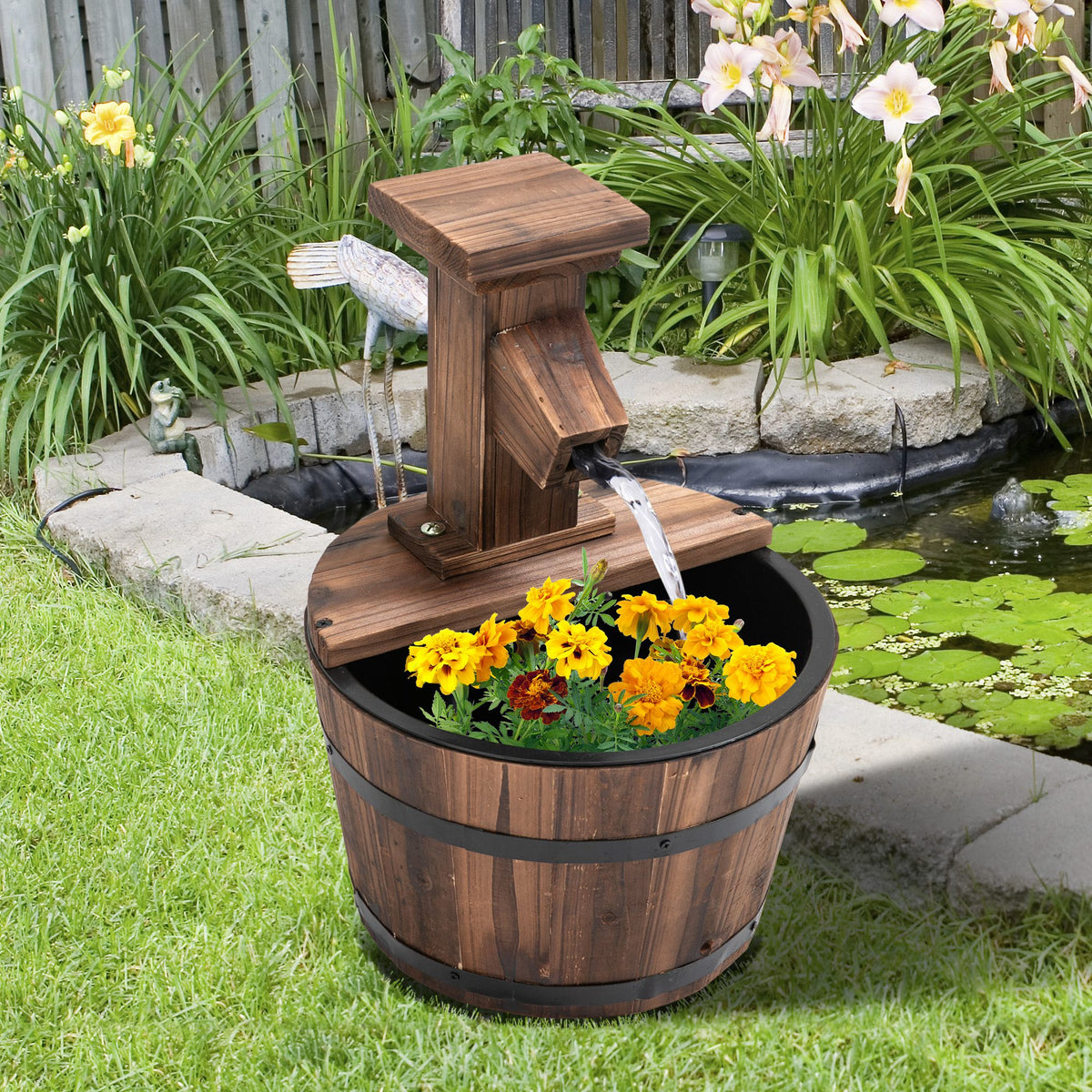 Springbrunnen elektrisch Outdoor Gartenbrunnen mit Holzeimer Hahn Pumpe Dekorationsbecken Zimmerbrunnen Wasserspiel Zierbrunnen Wasserfall für Garten Rasen Ø27 x 37 cm Verkohlt