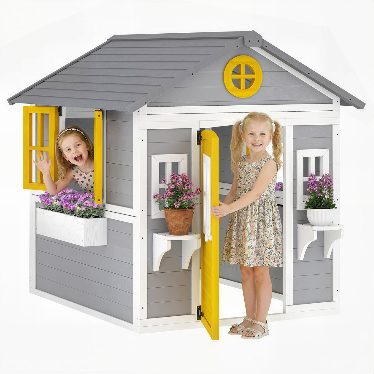 Spielhaus Wetterfestes Kinderspielhaus aus Holz mit Tür 6 Fenster 2 Blumenkästen 2 Blumenständern für 3-8 Jahre Grau
