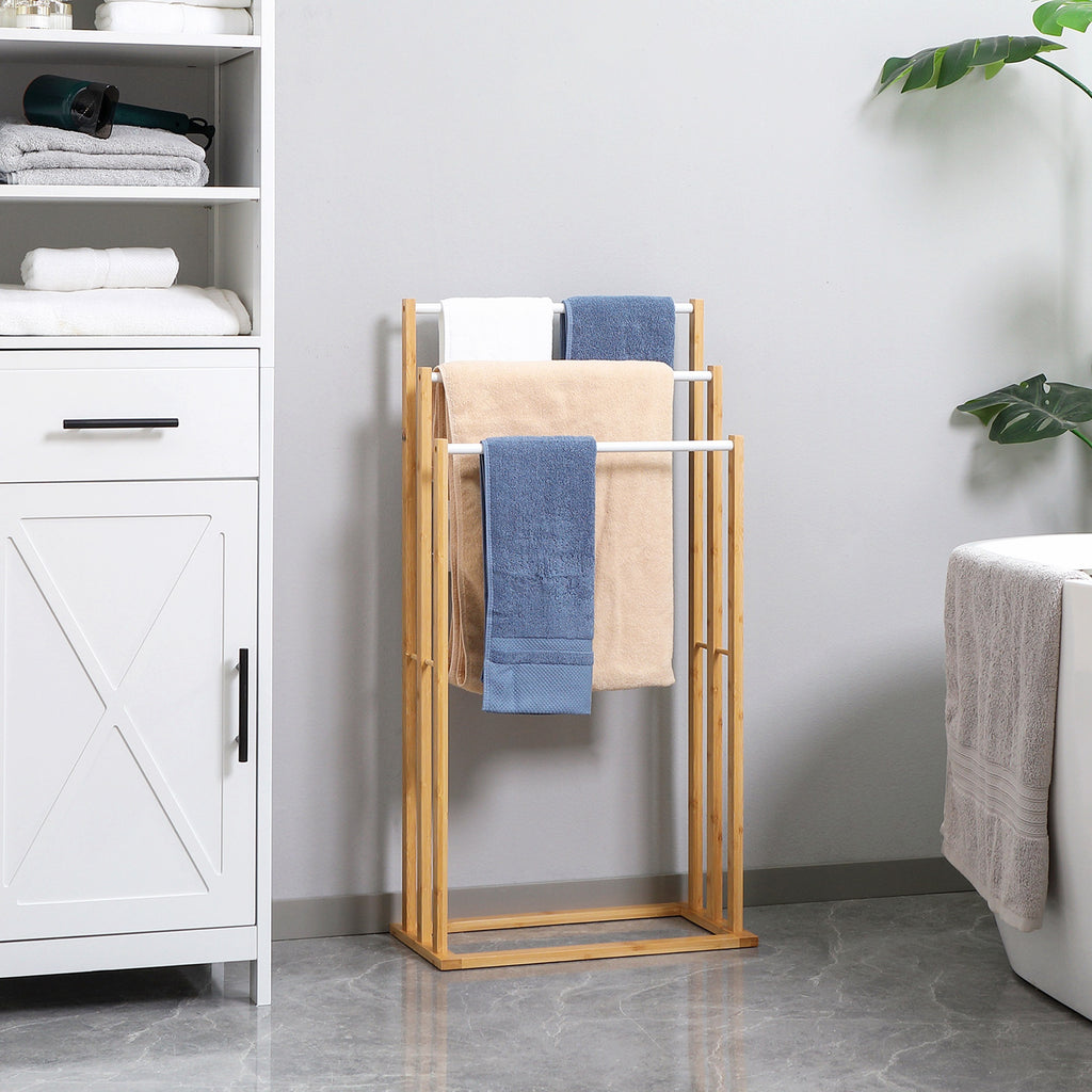 Handtuschst?nder aus Bambus. 3-teiliges Design, 3 Handtuchstangen 48 cm x 25,8 cm x 94 cm, Natur + Wei?