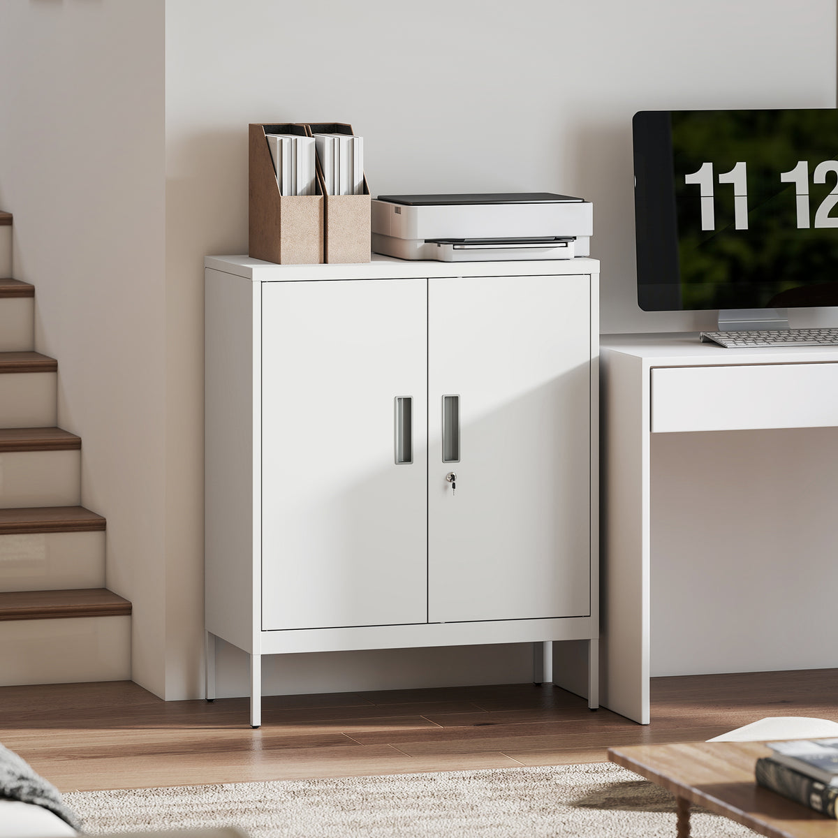 Metal Storage Cabinet with Lock and Adjustable Shelves - White