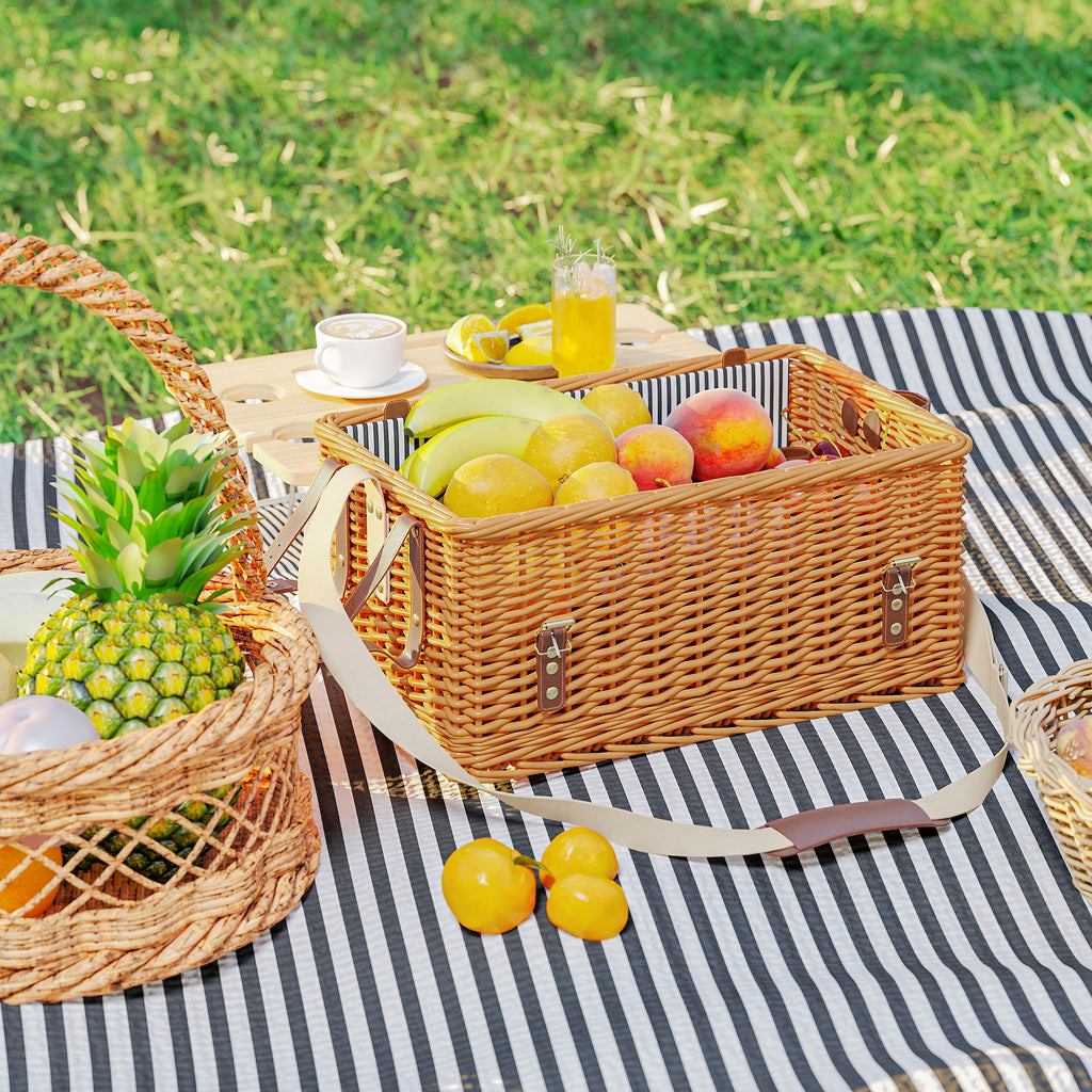 Picknickkorb aus Weidenholz Picknickkoffer für 4 Personen mit Picknickdecke Besteck Set, Flascheöffner Hellbraun