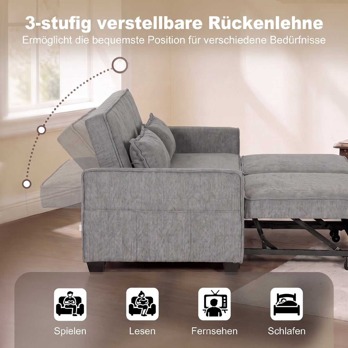 2-Sitzer-Schlafsofa, 4-in-1 L-förmiges Ausziehsofa mit verstellbarer Rückenlehne und Seitentaschen, Grau