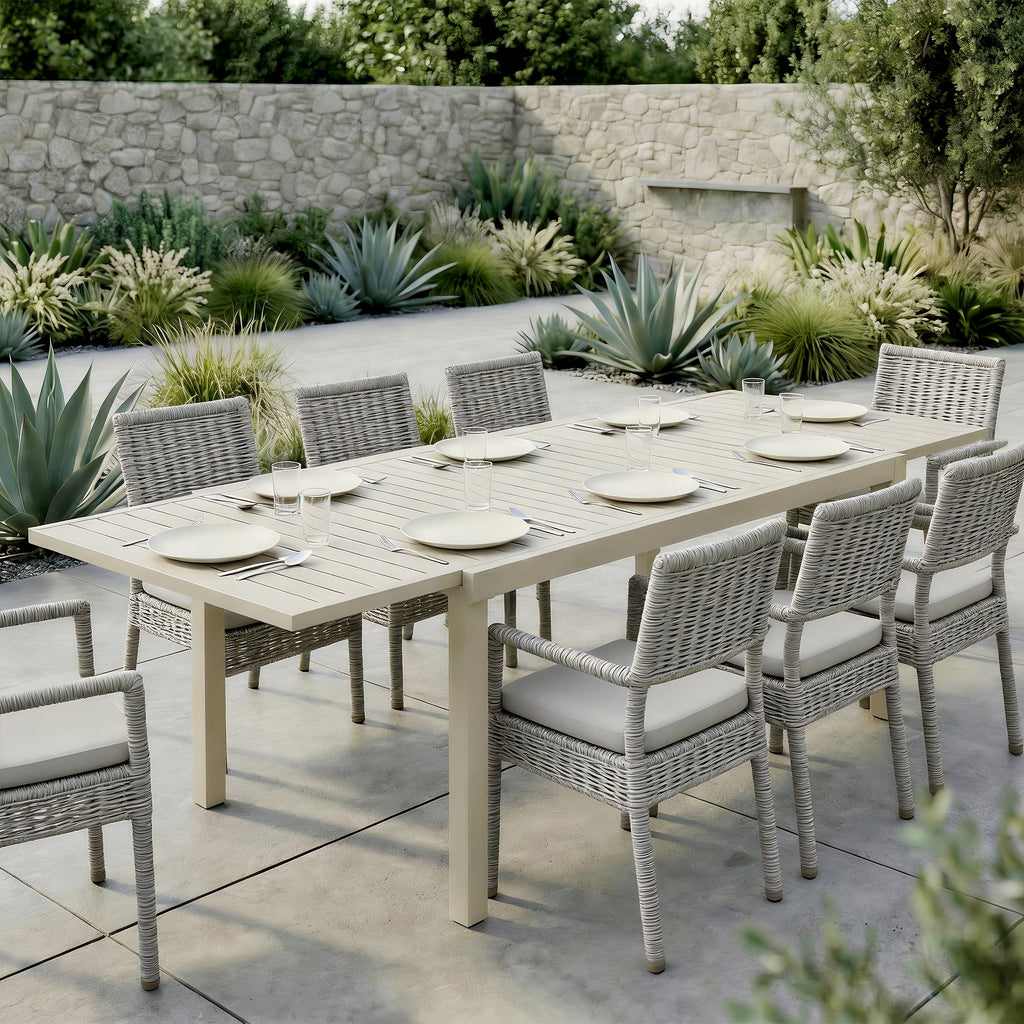 Gartentisch Ausziehbarer 150/225 x 85 cm Aluminium Esstisch für 6-8 Personen, Rechteckig Lamellenoptik
