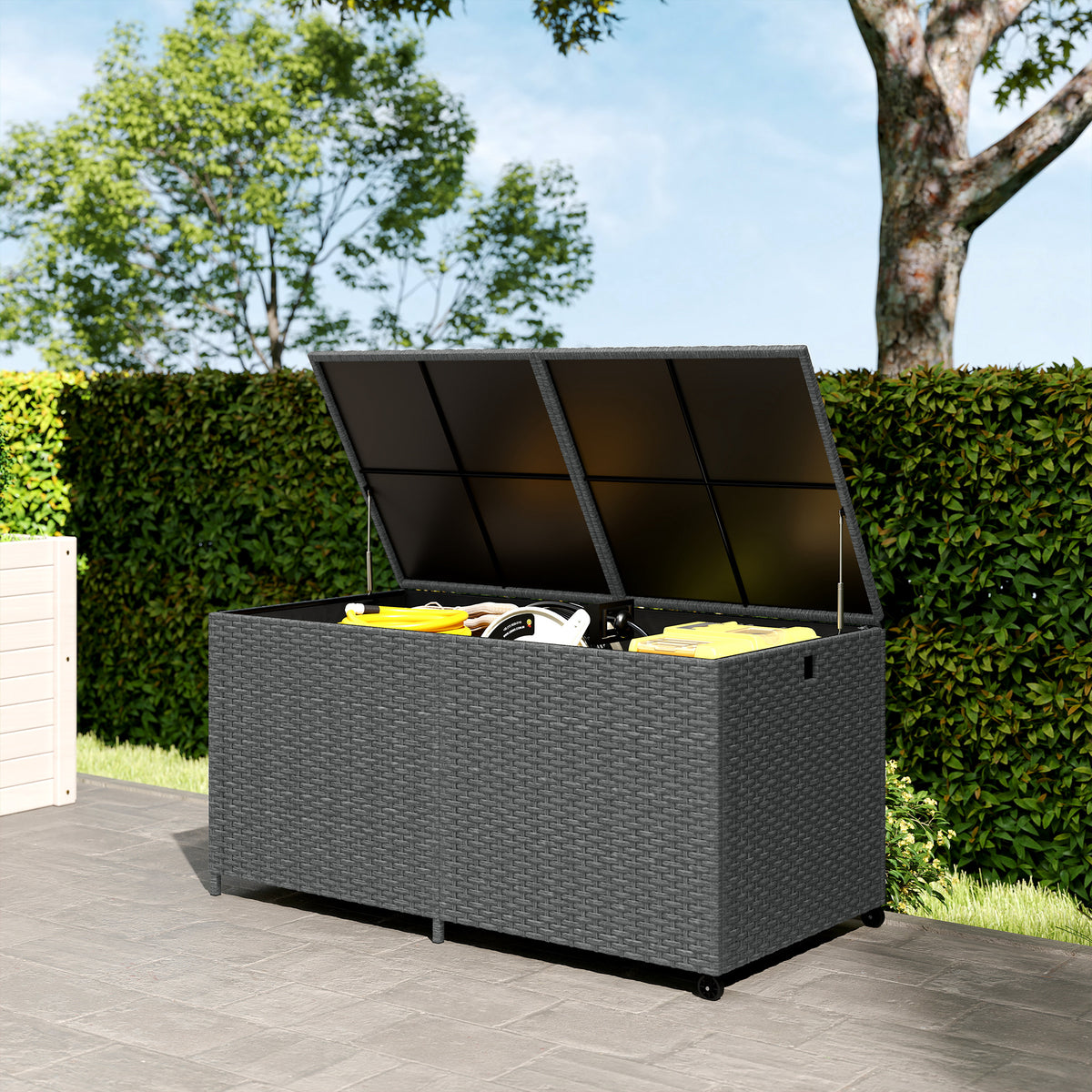 Rattan Auflagenbox 650L wetterfest UV-beständig Kissenbox mit Deckel Rollen Stauraum 150 x 75 x 74 cm Dunkelgrau