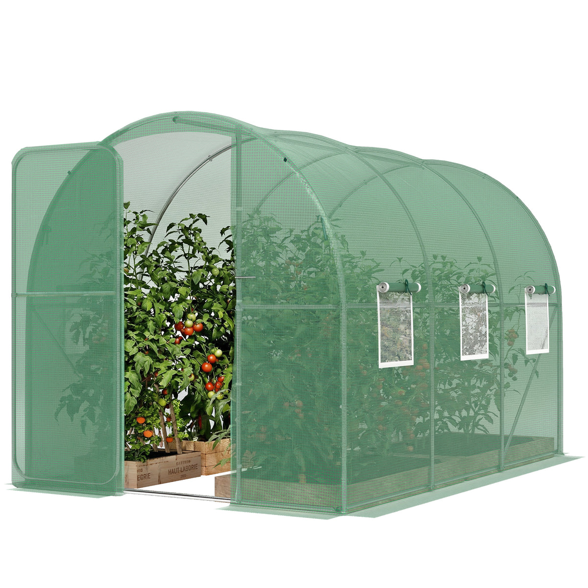 2 x 3 m Walk-in Polytunnel Greenhouse with Hinged Door and 6 Roll Up Mesh Windows, Garden Tunnel Warm House Tent, Green