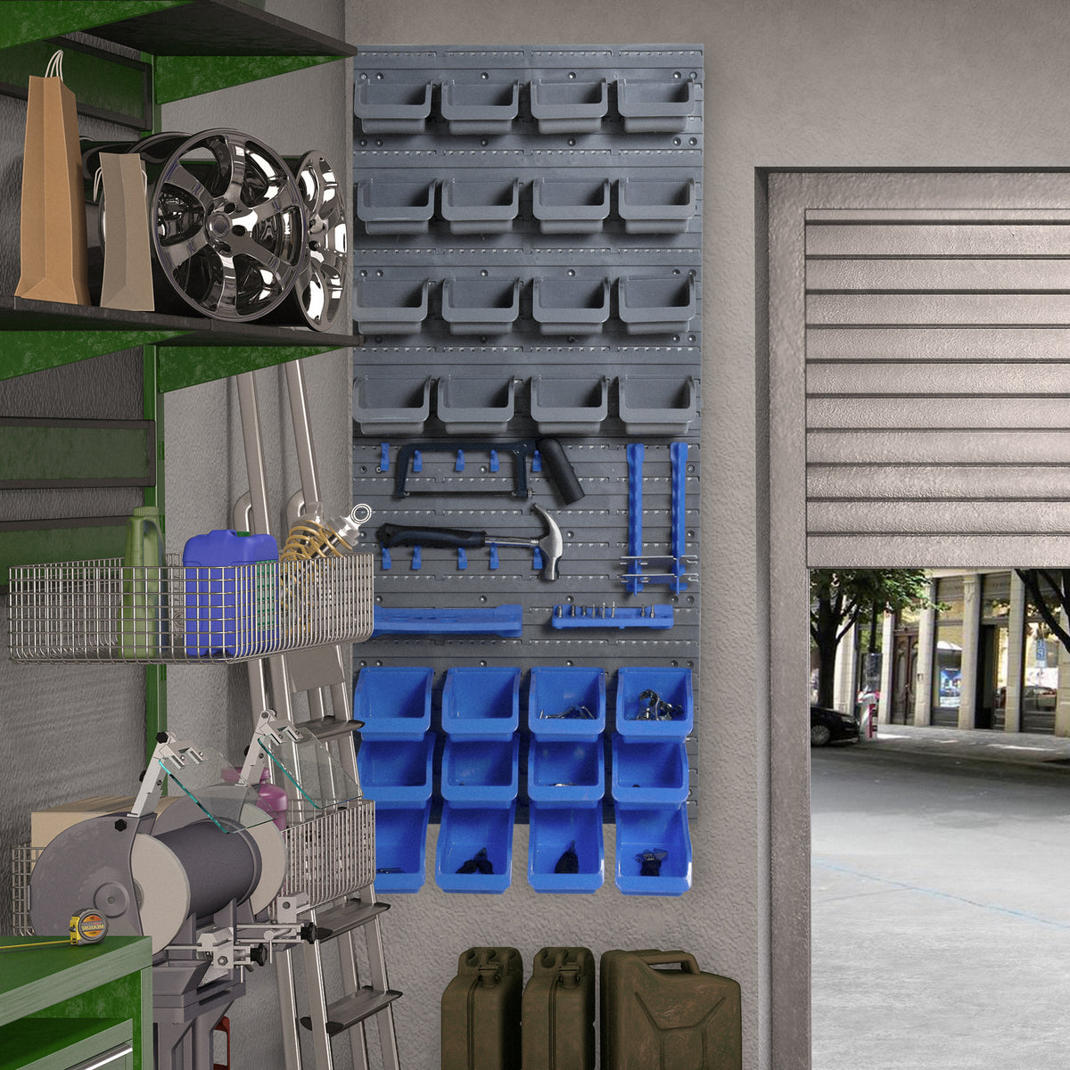 44 Piece Wall Mounted Tool Rack Organiser Storage Bins and Panel Set with Shelf Hook Screws Accessories Blue
