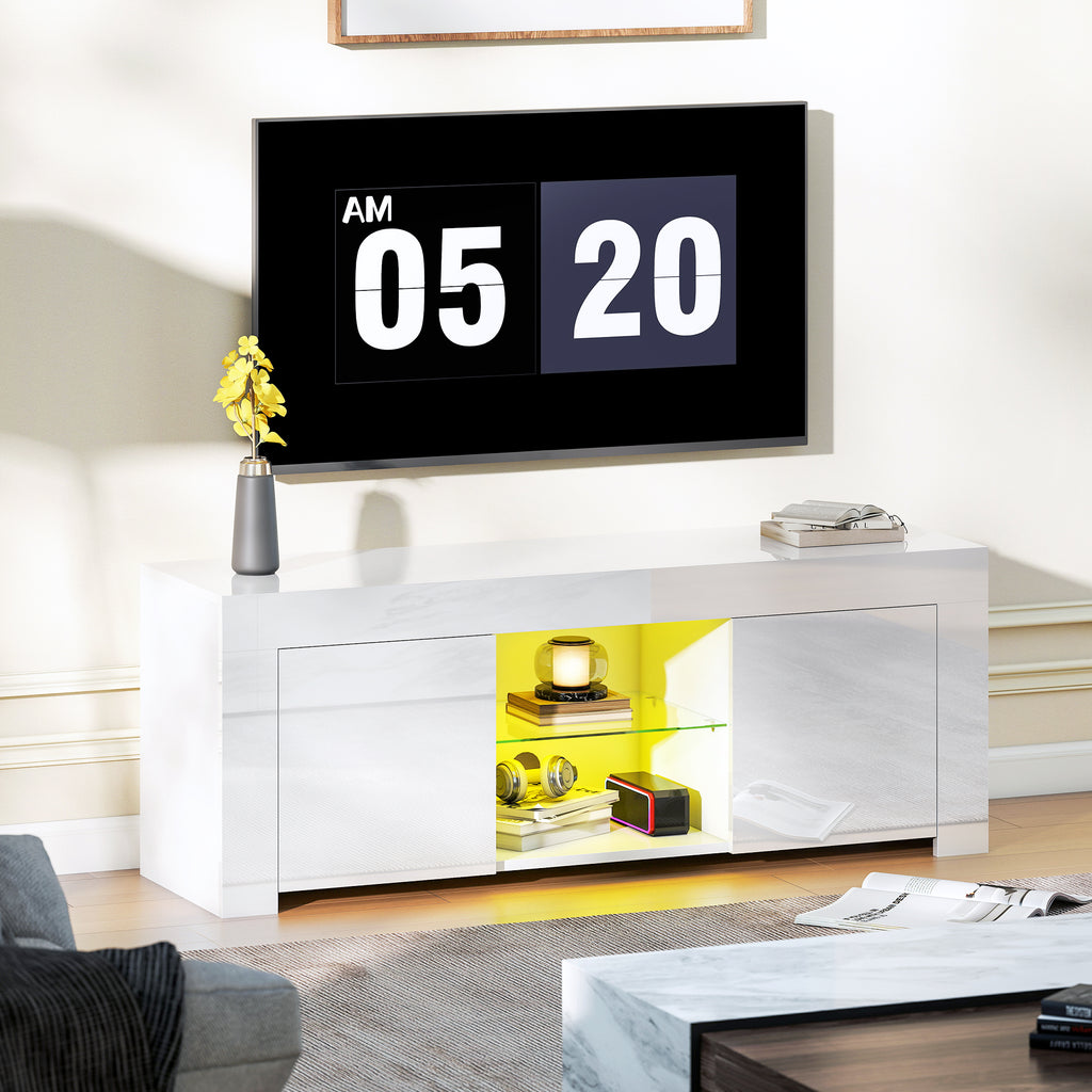 TV-Schrank mit LED-Beleuchtung, 2 Schrankt¨¹ren, Glasregal, Kabell?cher, f¨¹r Wohnzimmer, Spanplatte, Wei?