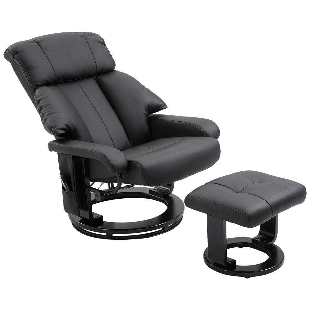 Relaxsessel mit Hocker, drehbarer Fernsehsessel mit Massagefunktion, Liegefunktion, Massagesessel mit Fernbedienung, Seitentasche, Ruhesessel aus Kunstleder für Wohnzimmer Schwarz