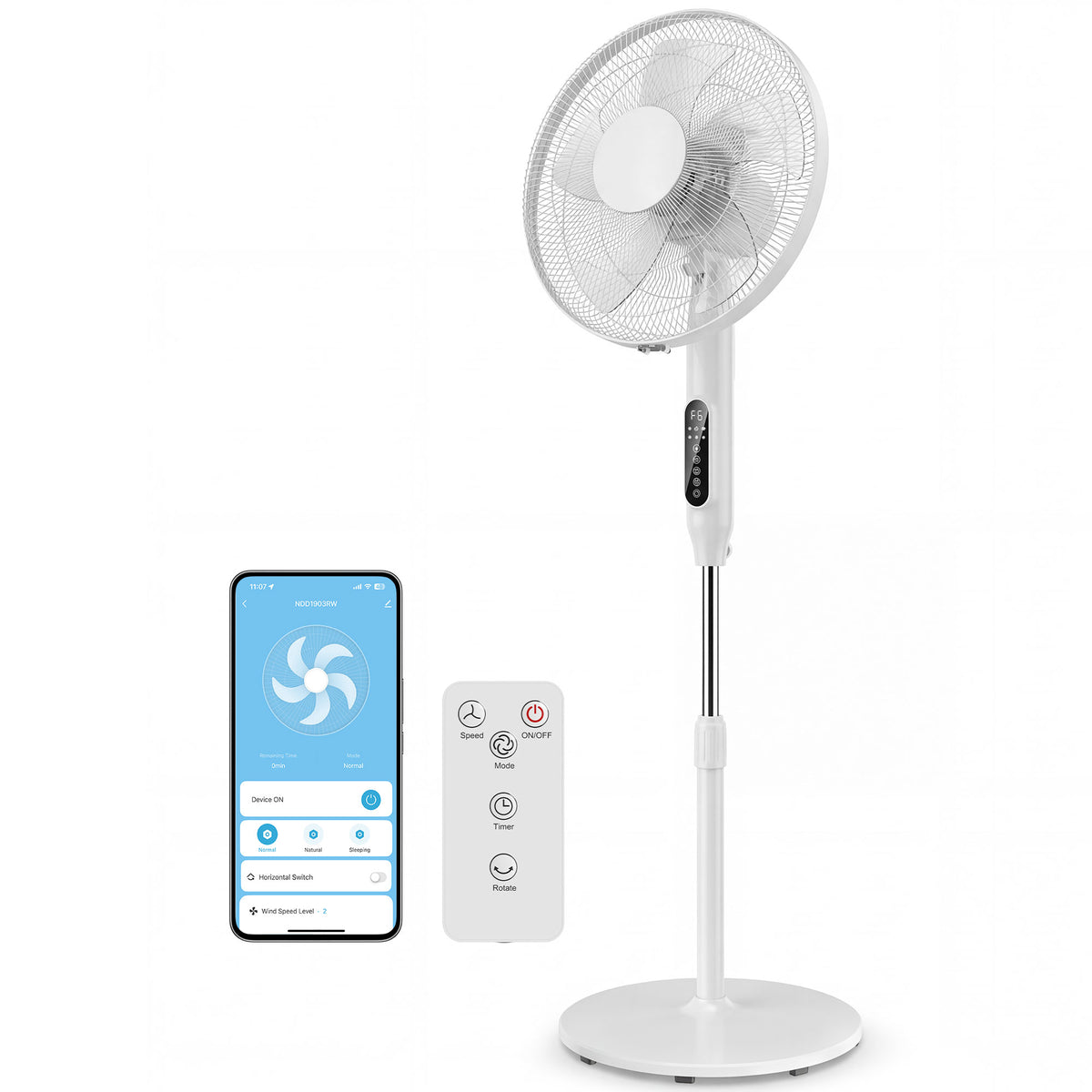 Standventilator mit 15-Stunden-Timer, 85° Oszillation, LED-Bedienfeld, Fernbedienung, weiß