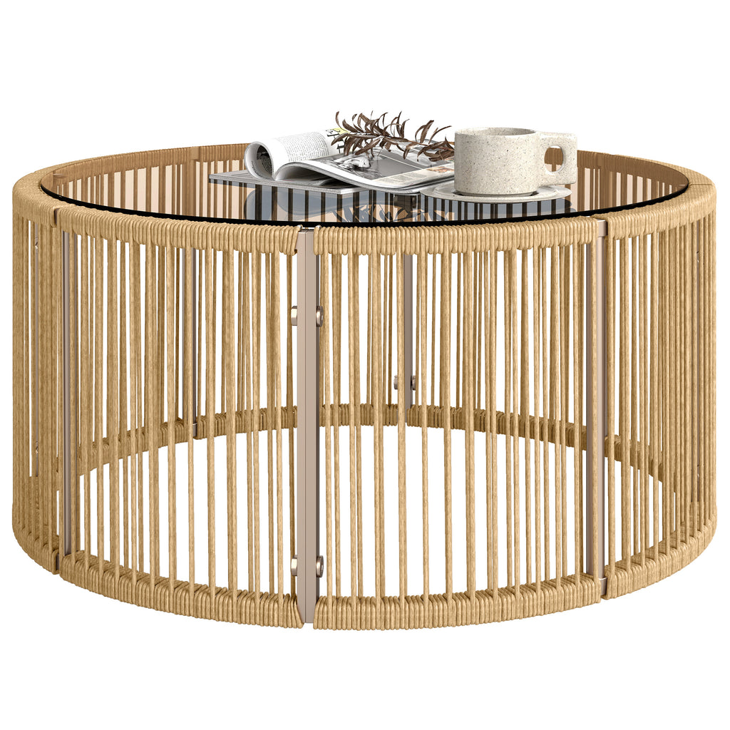 Beistelltisch aus Polyrattan Kaffeetisch mit gehärteter Glasplatte Gartentisch mit Stahlrahmen 70 x 70 x 33 cm Braun