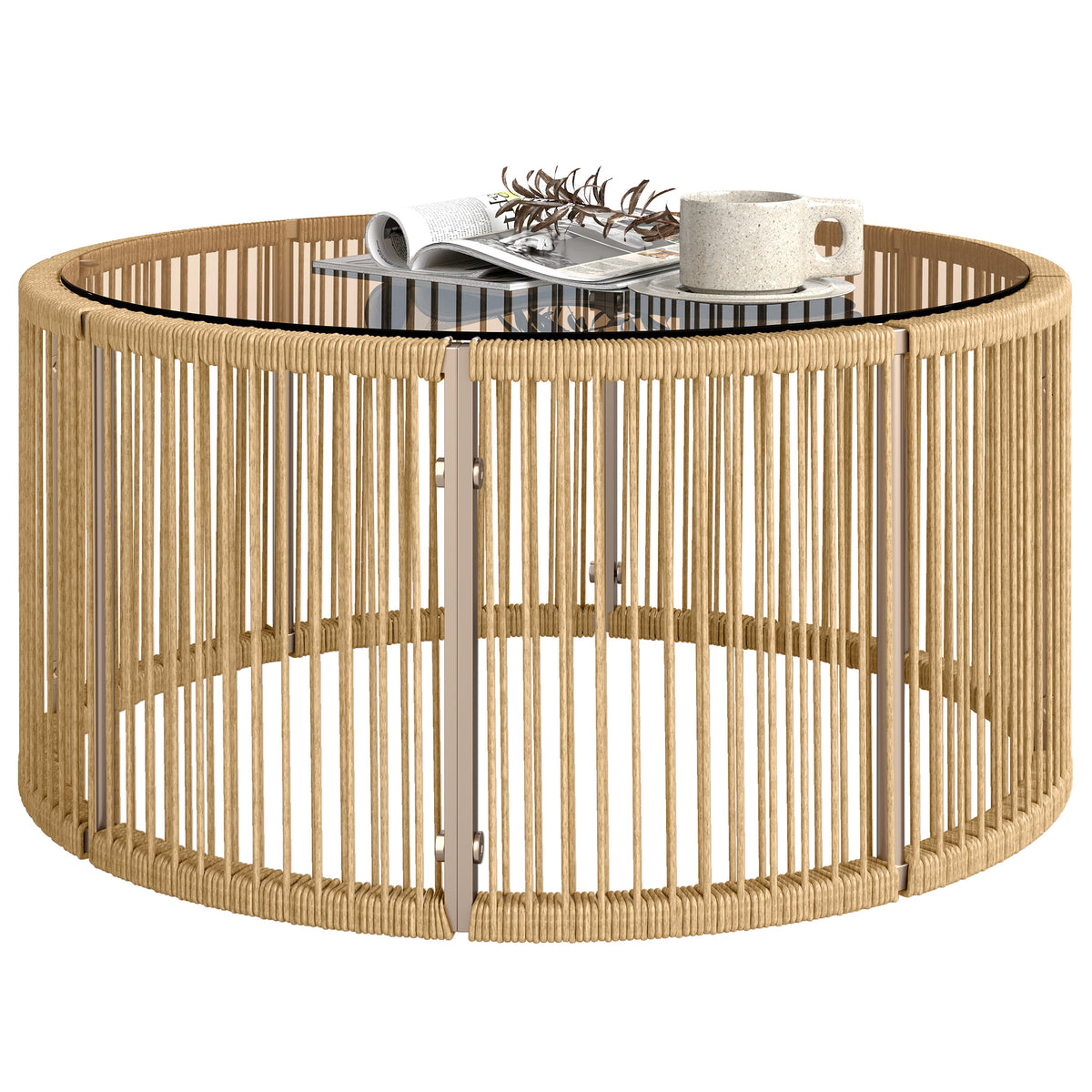 Beistelltisch aus Polyrattan Kaffeetisch mit gehärteter Glasplatte Gartentisch mit Stahlrahmen 70 x 70 x 33 cm Braun