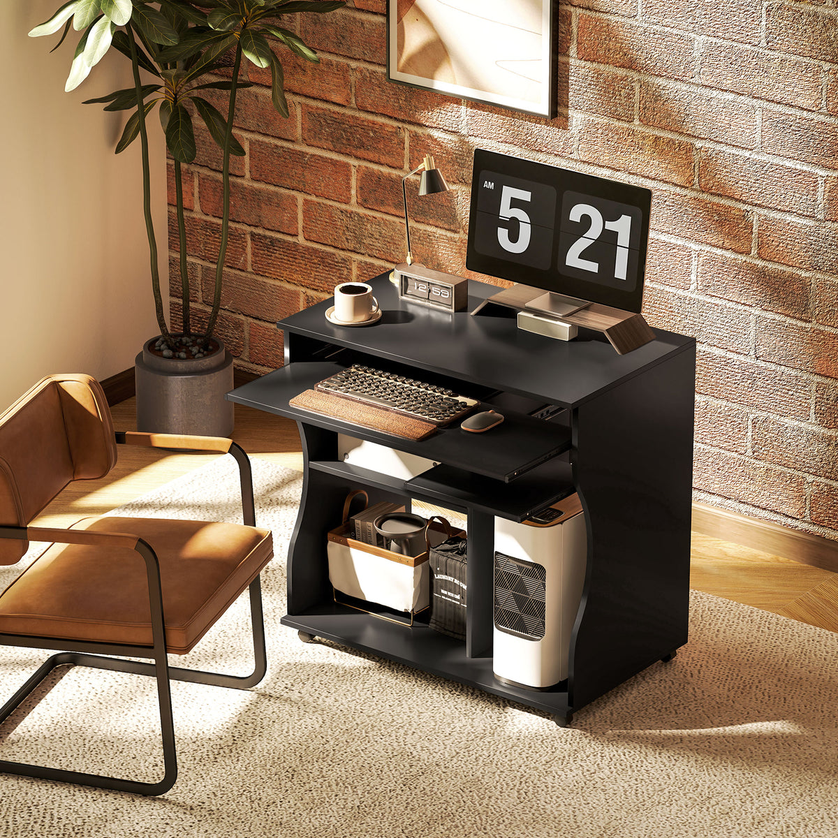 Computertisch mit Rollen, Schreibtisch mit Stauraum, 80 x 48 x 75 cm, Schwarz