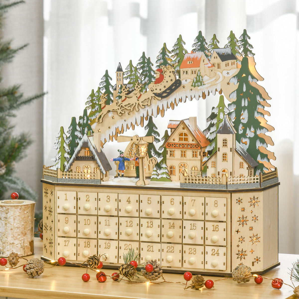 Adventskalender Weichnachtsdekoration Weihnachtsdeko, 24 Schubladen, LED-Lichter, 39 cm x 9 cm x 42 cm, Weiß + Grün