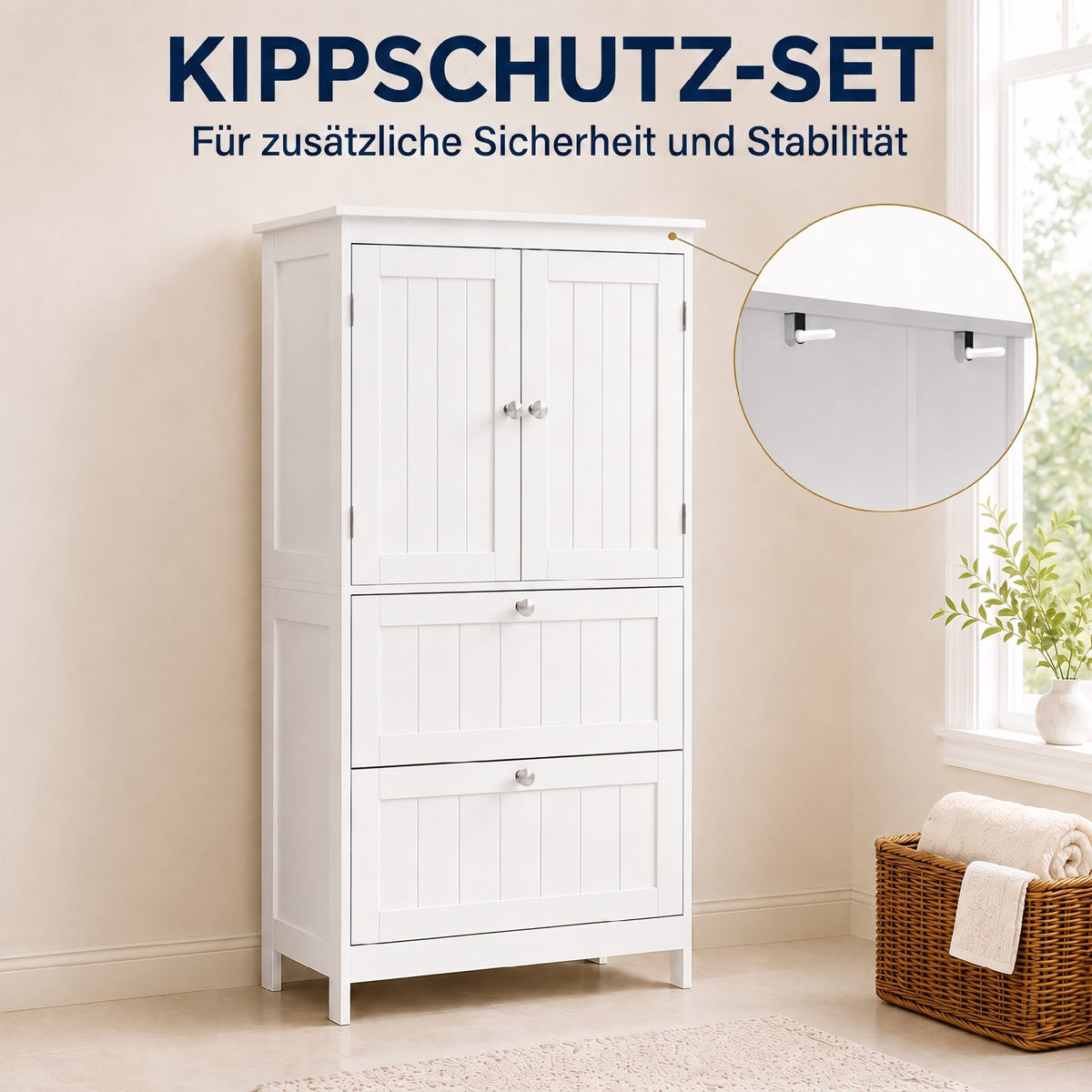Badezimmerschrank mit 2 Schubladen, freistehend, mit verstellbarem Einlegeboden und Türen in Lamellenoptik, Weiß