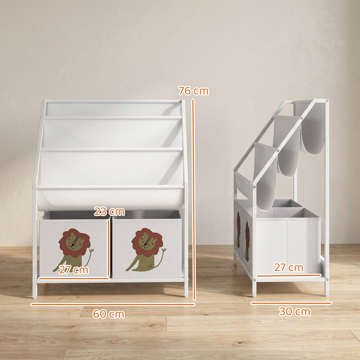 Bücherregal für Kinder Kinderregal mit 2 offenen Fächer 3 Hängeregale 60 x 30 x 76 cm Weiß