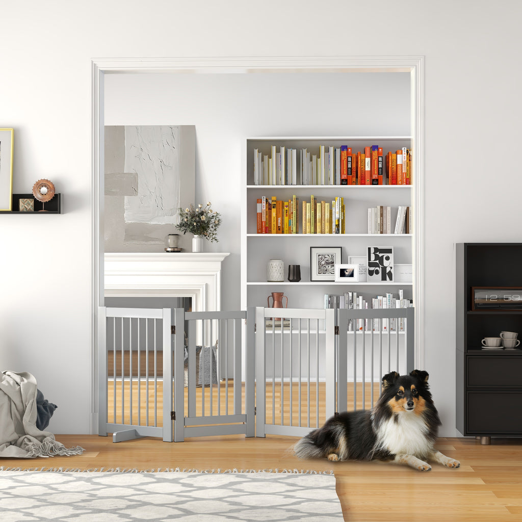 Freistehendes Hundegitter, 4 Paneele, flexibel, Kiefernholz, 204L x 36B x 75H cm, Hellgrau