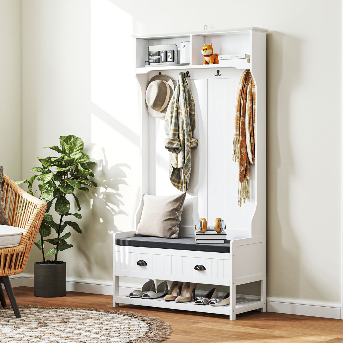 Garderobenständer mit Haken, Garderobe mit Schuhbank, für Eingangsbereich, Flur, Metall, MDF, Weiß+Grau