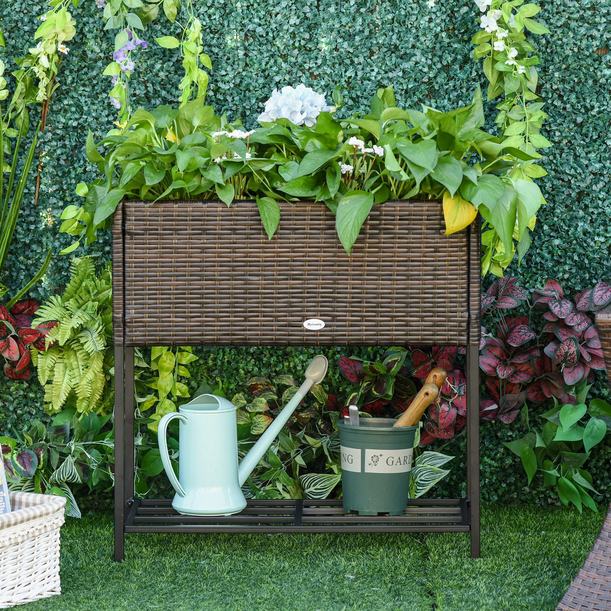 Hochbeet, Blumenkasten, tiefe Ablage, Metallrahmen/Polyrattan, 70 x 30 x 70 cm, Braun/Schwarz