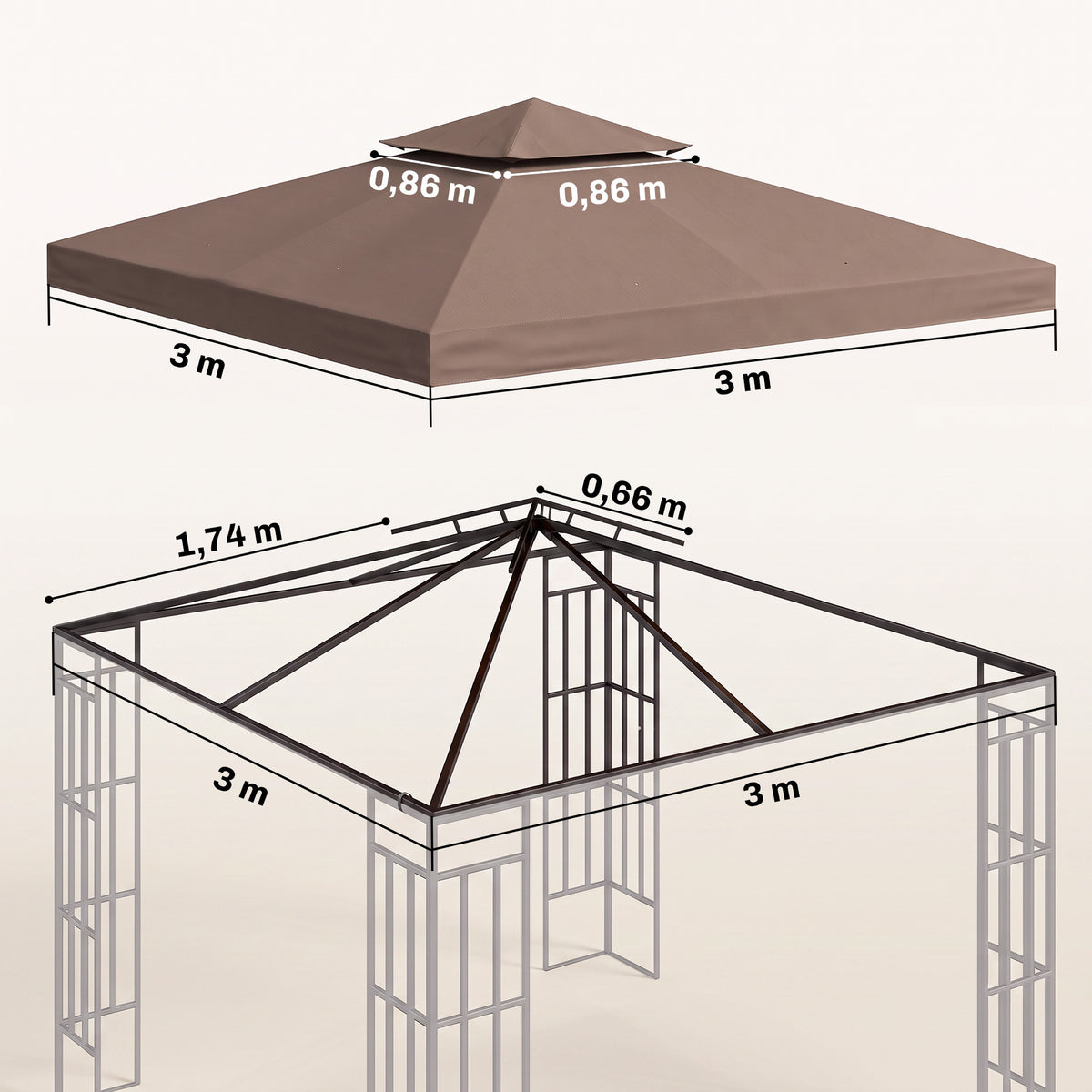 3x3 m Double-Tier Canopy Top Replacement-Coffee