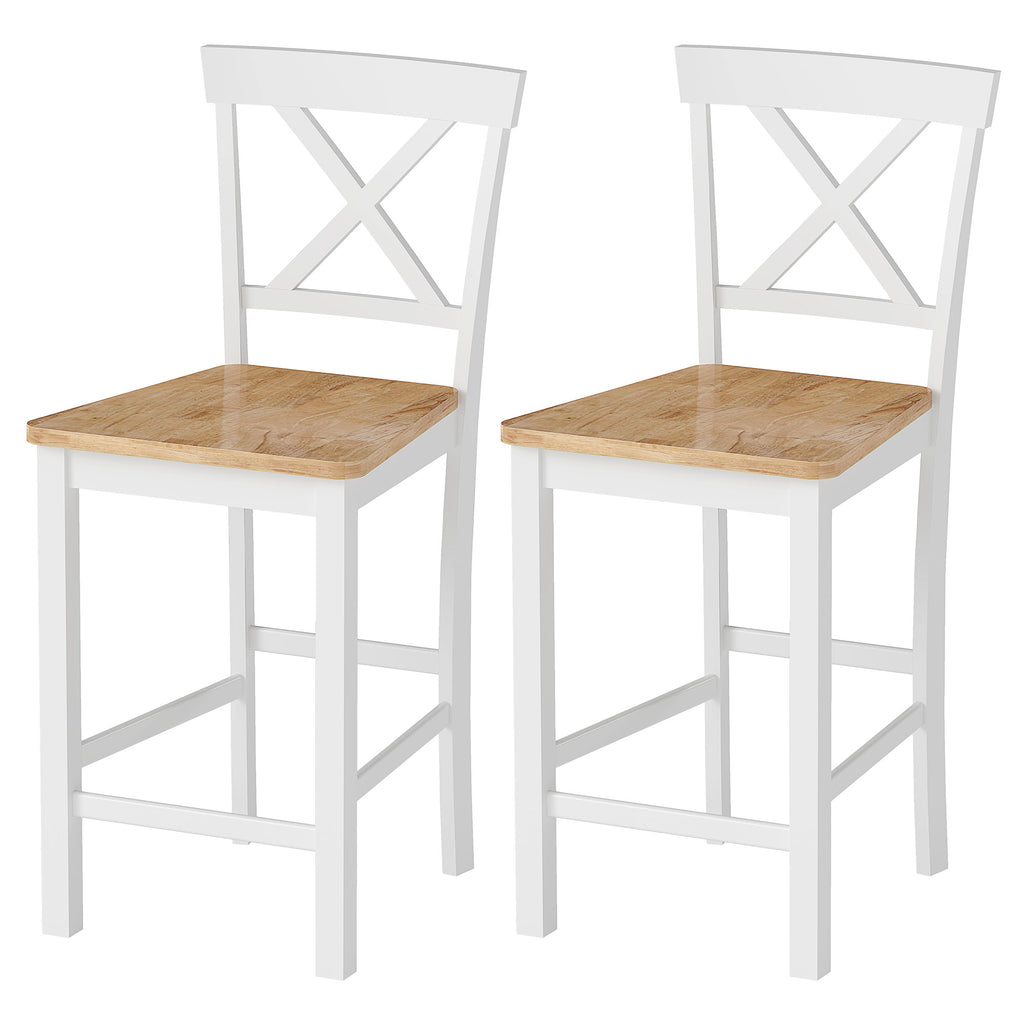 2er-Set Barstühle mit Rückenlehne und Fußstütze, Kautschukholz, für Küche, Esszimmer, Bar, Eiche+Weiß