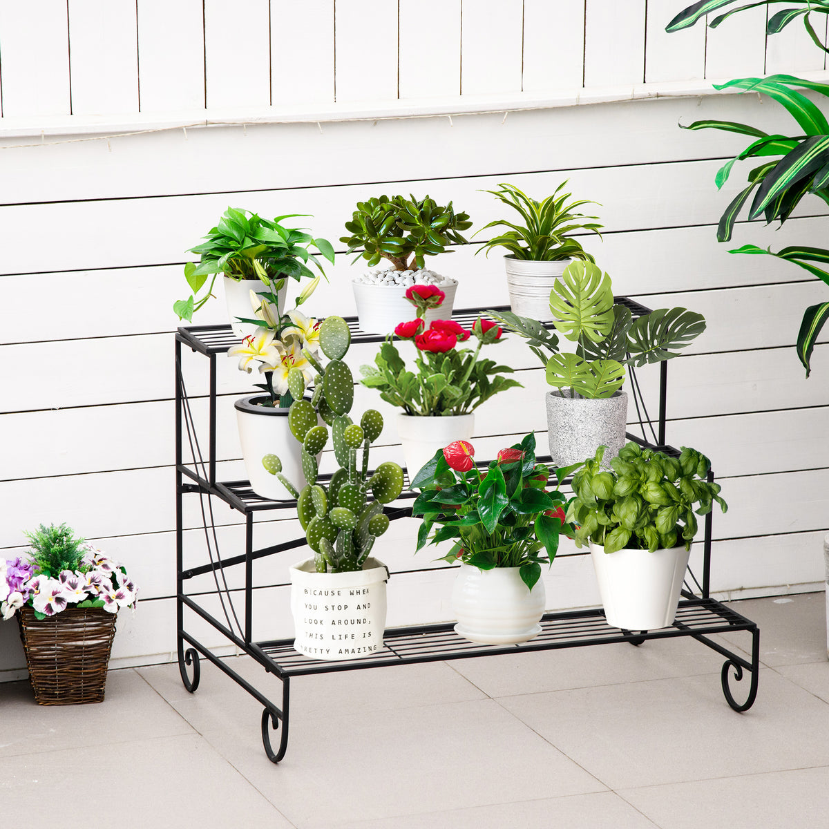 Blumenständer Blumenregal aus Metall 3 Stufen Pflanzenregal Blumentreppe für innen und außen Garten Balkon Schwarz 95 x 63 x 72 cm