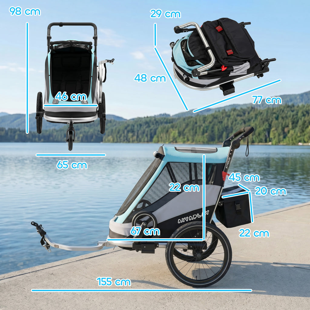 2 in 1 Fahrradanhänger & Buggy Faltbar Kinderfahrradanhänger mit 5-Punkt Gurt Reflektoren 16-Zoll-Luftreifen Bremse