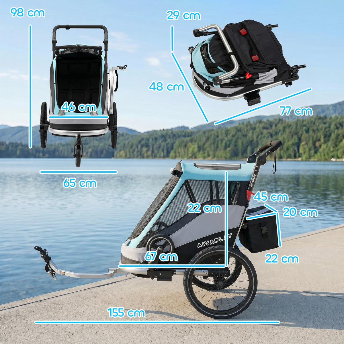 2 in 1 Fahrradanhänger & Buggy Faltbar Kinderfahrradanhänger mit 5-Punkt Gurt Reflektoren 16-Zoll-Luftreifen Bremse
