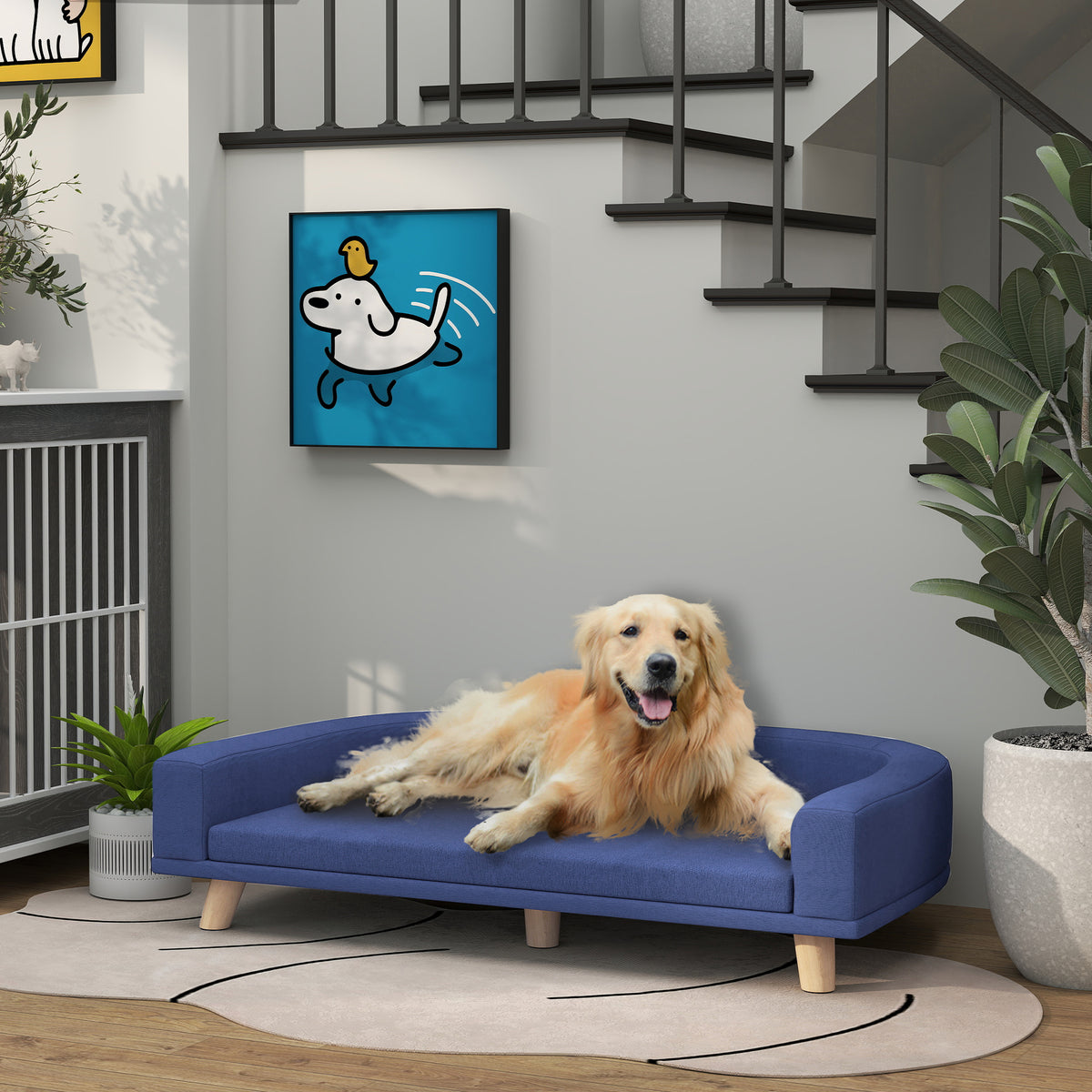 Hundebett Hundesofa Haustiersofa, Eukolyptusholz, 98 x 67 x 25 cm, Blau