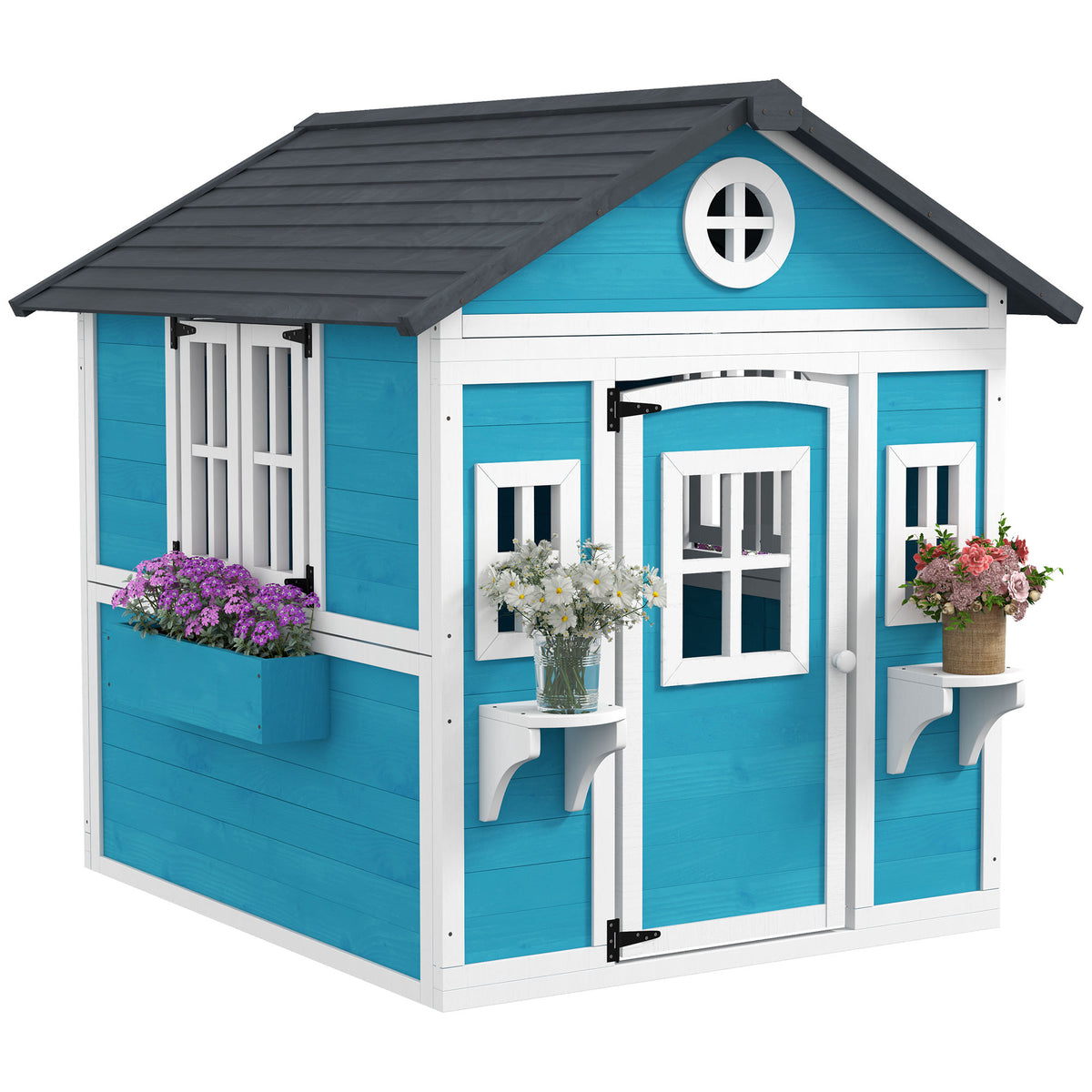 Kinderspielhaus, Holz-Spielhaus f¨¹r Kinder, Outdoor-Gartenspielhaus mit Fenstern, Blument?pfe, 3-8 Jahre, Blau