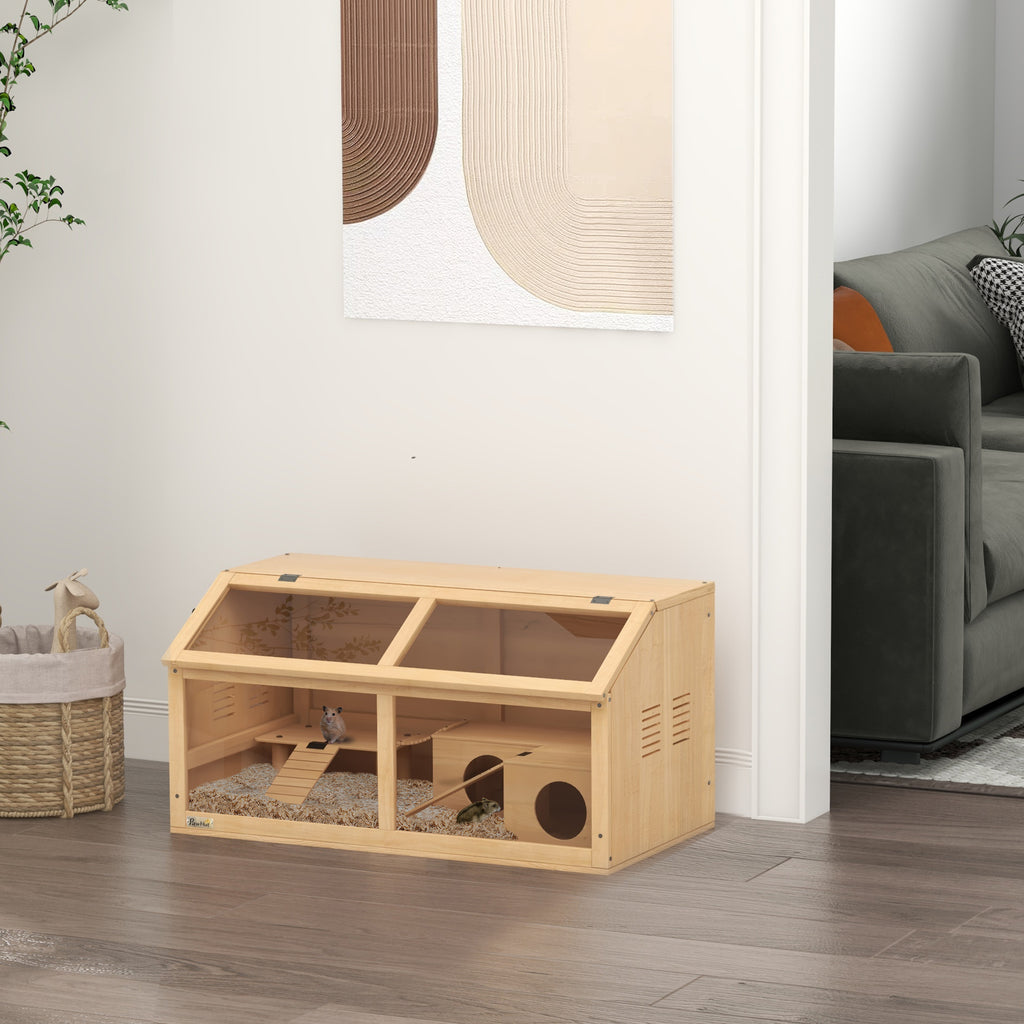 Hamster Cage, Wooden Small Animal Cage for Gerbils, Mice w/ Suspension Bridge, Openable Top, Hut, 85 x 45 x 44cm Nature